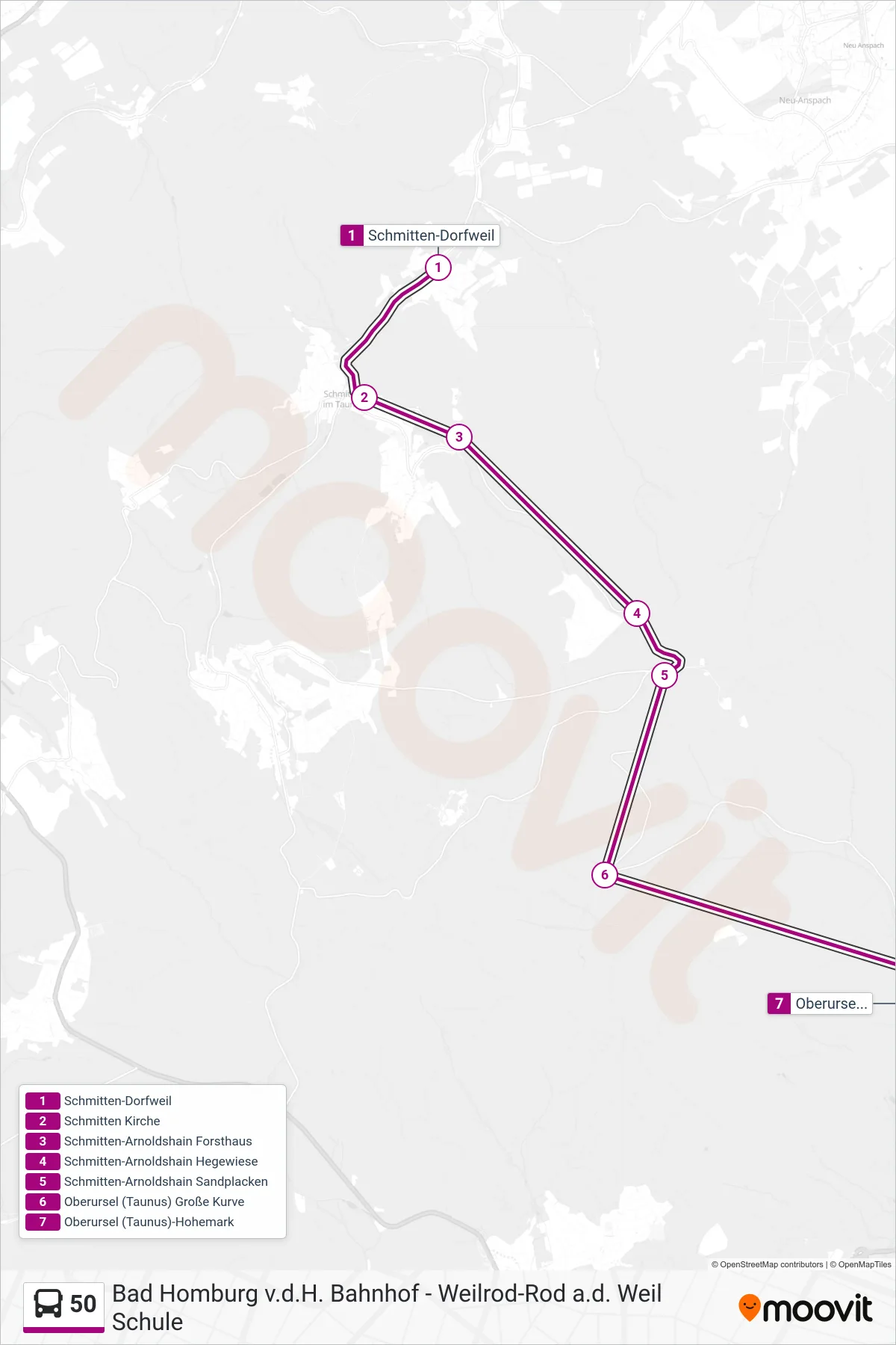 50 bus Line (Oberursel (Taunus)-Hohemark) route and stops on a map