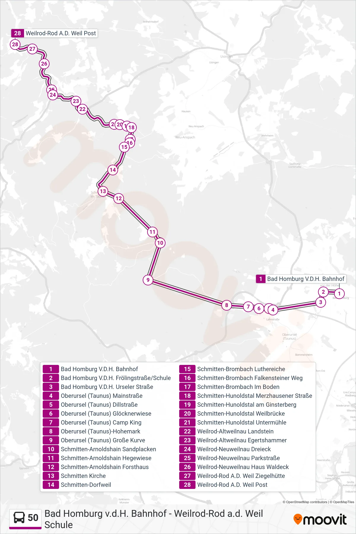 Linie 50 (Bus) Richtung Weilrod-Rod A.D. Weil Post: Route und Haltestellen auf der Karte