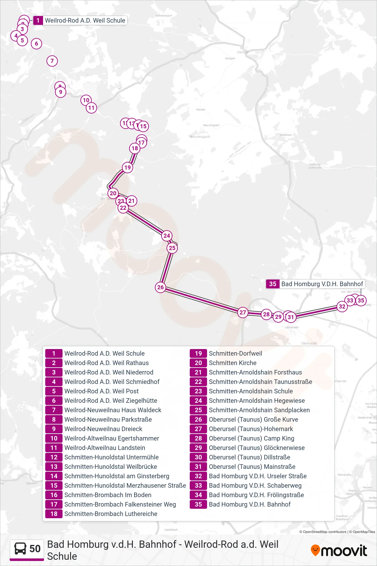 50 bus Line (Bad Homburg V.D.H. Bahnhof) route and stops on a map