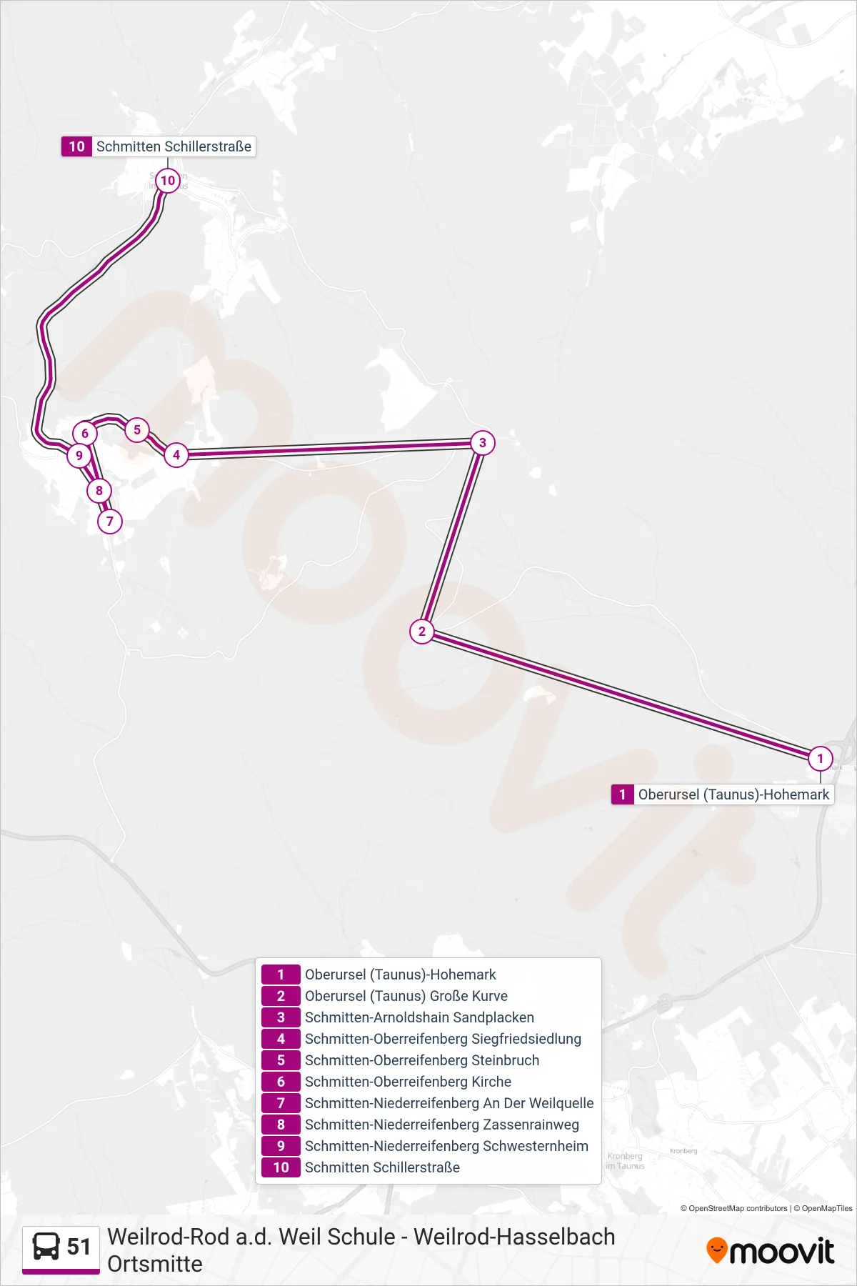 Linie 51 (Bus) Richtung Schmitten Schillerstraße: Route und Haltestellen auf der Karte