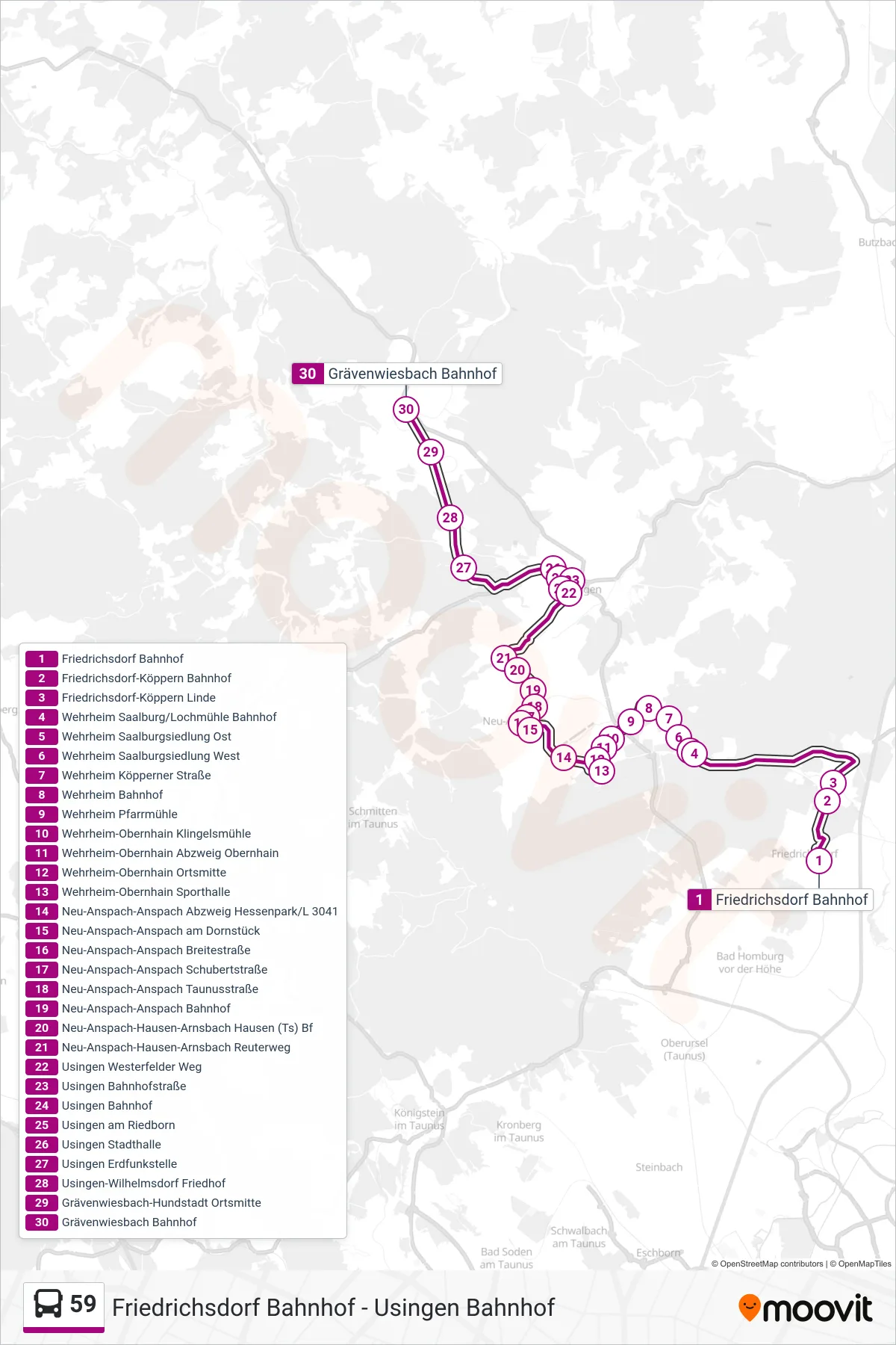 59 bus Line (Grävenwiesbach Bahnhof) route and stops on a map