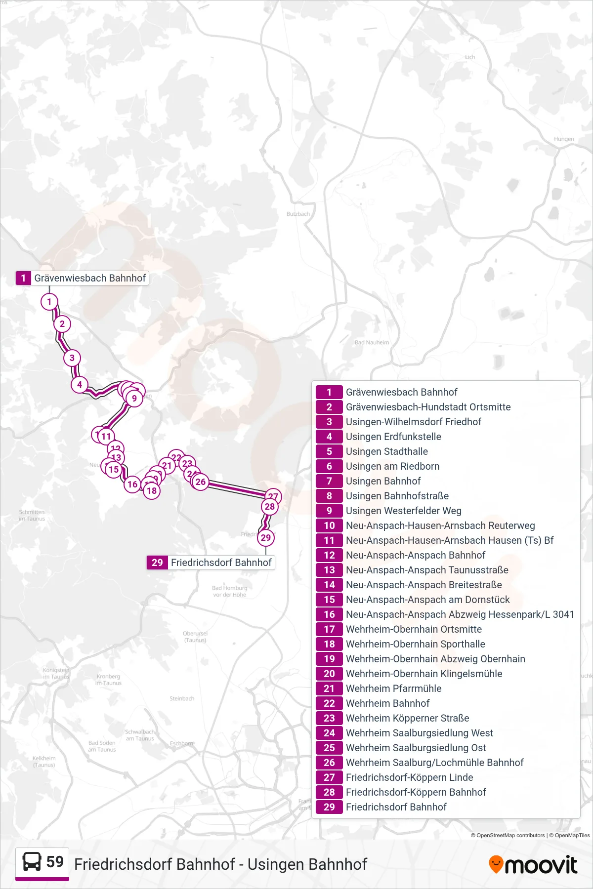 59 bus Line (Friedrichsdorf Bahnhof) route and stops on a map