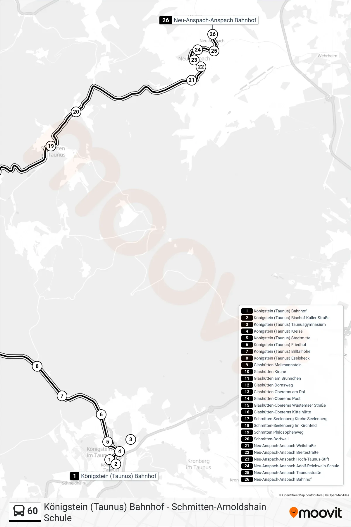 Linie 60 (Bus) Richtung Neu-Anspach-Anspach Bahnhof: Route und Haltestellen auf der Karte