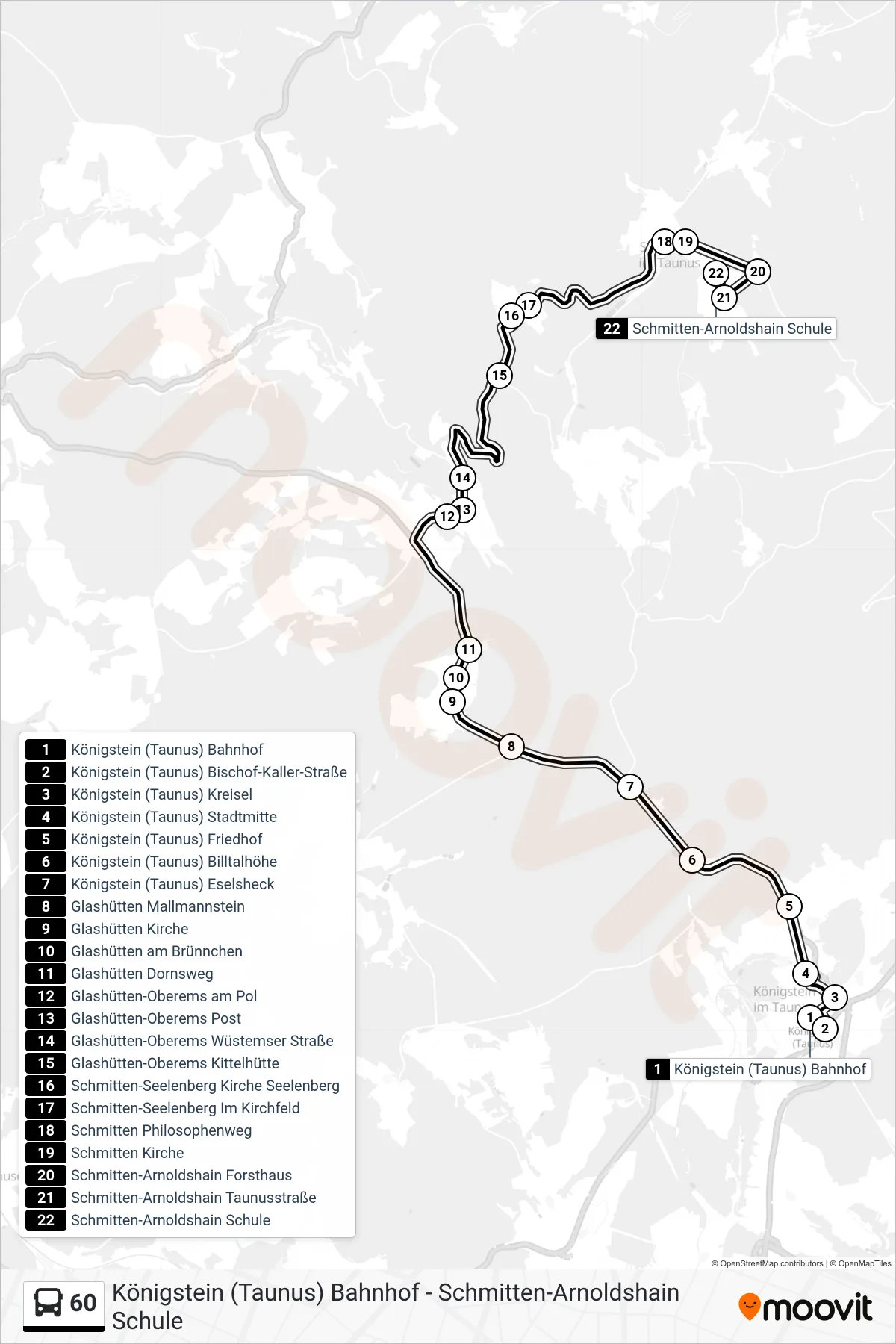 60 bus Line (Schmitten-Arnoldshain Schule) route and stops on a map