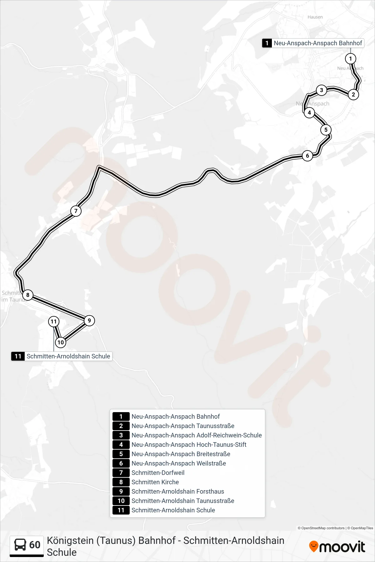 60 bus Line (Schmitten-Arnoldshain Schule) route and stops on a map