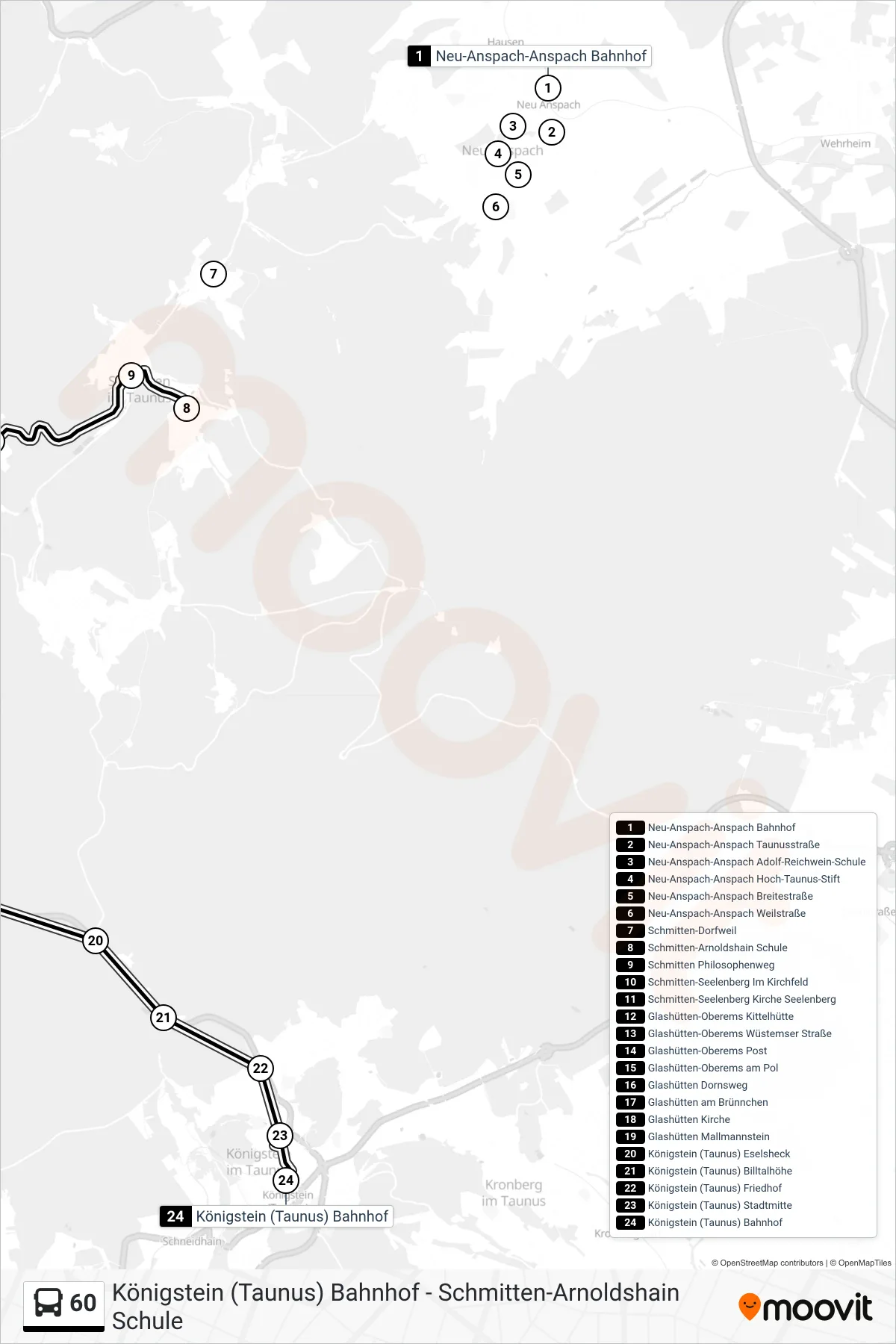 60 bus Line (Königstein (Taunus) Bahnhof) route and stops on a map