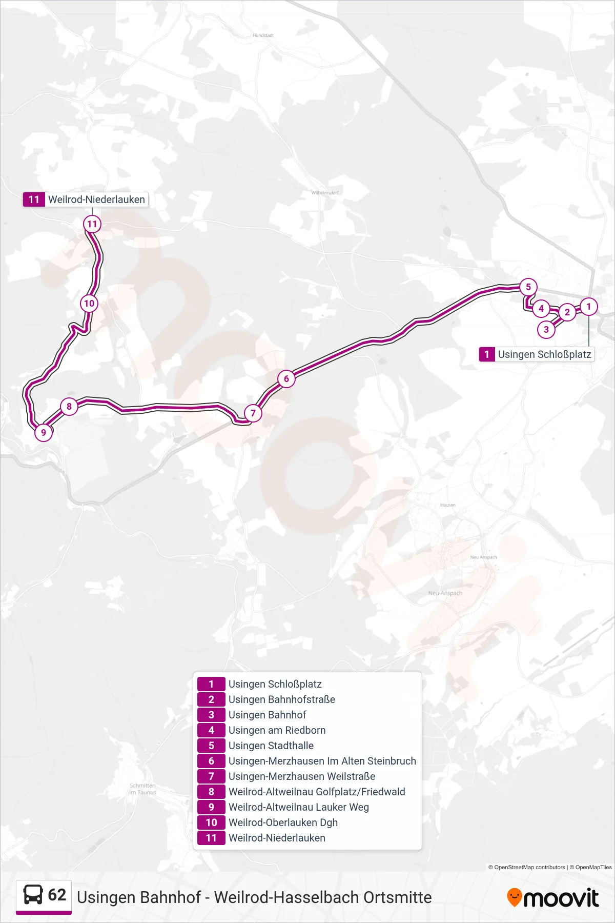 62 bus Line (Weilrod-Niederlauken) route and stops on a map