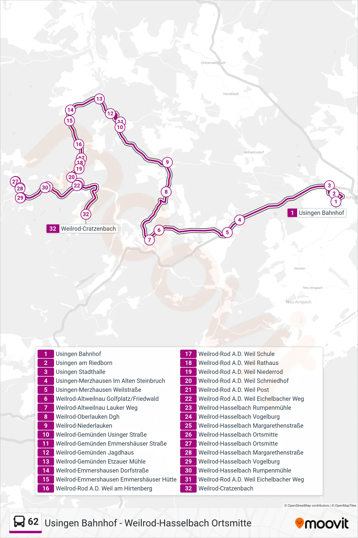 62 bus Line (Weilrod-Cratzenbach) route and stops on a map