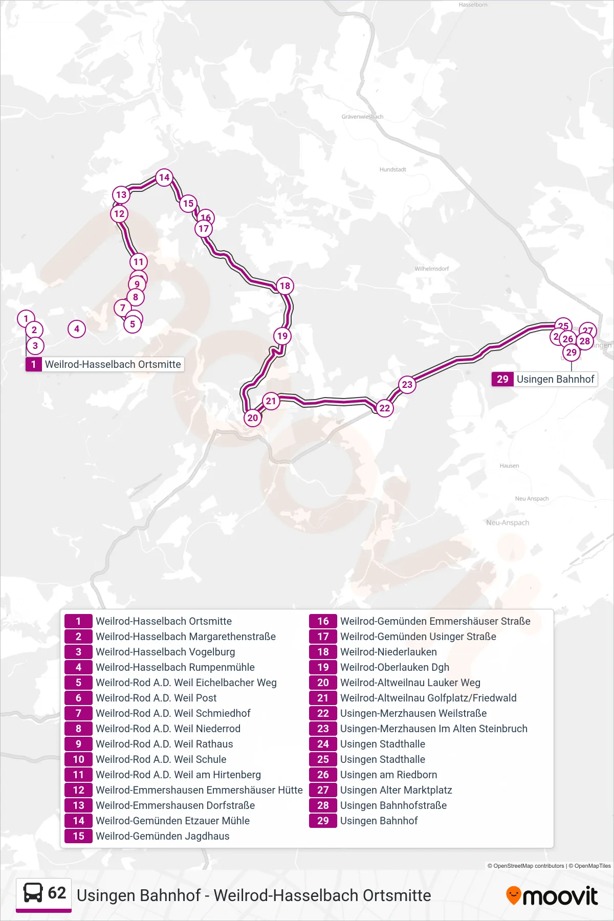 62 bus Line (Usingen Bahnhof) route and stops on a map