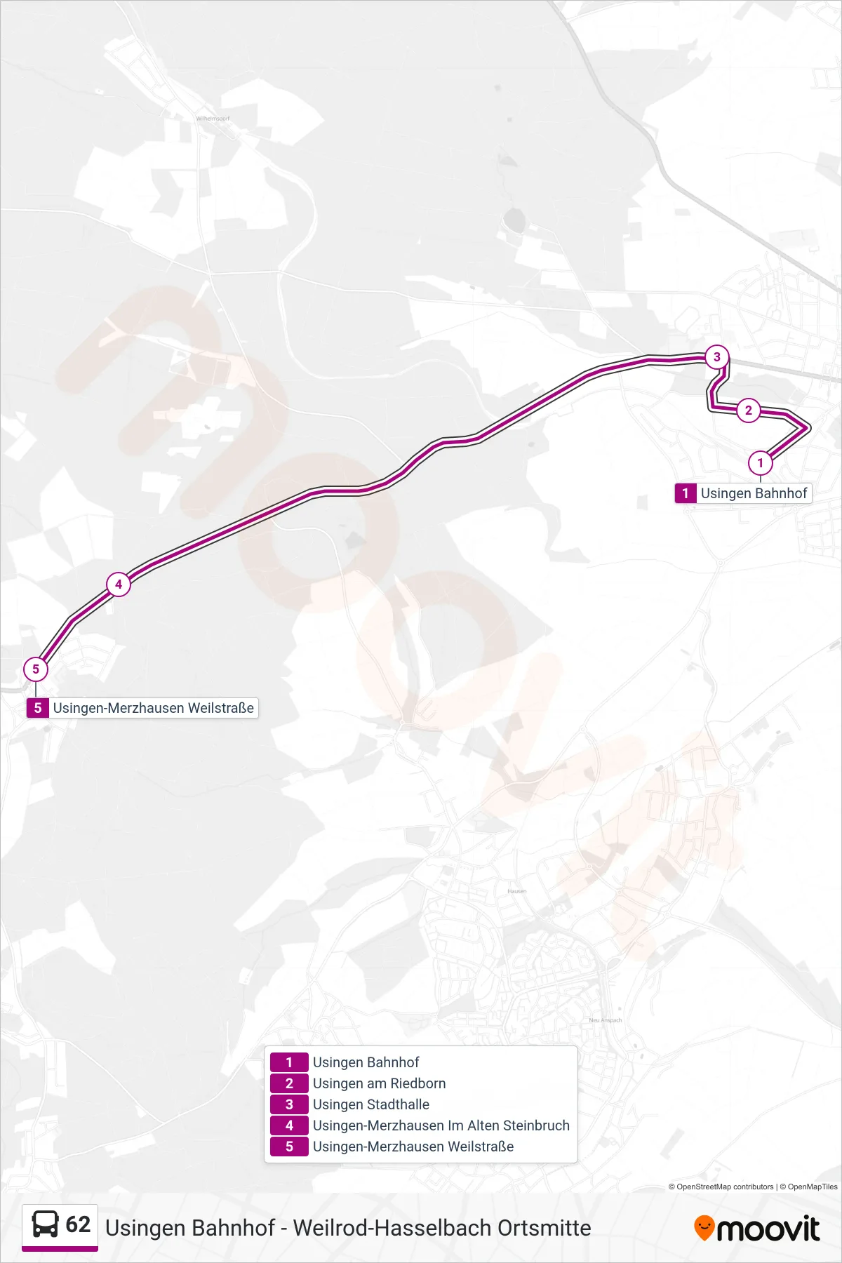Linie 62 (Bus) Richtung Usingen-Merzhausen Weilstraße: Route und Haltestellen auf der Karte