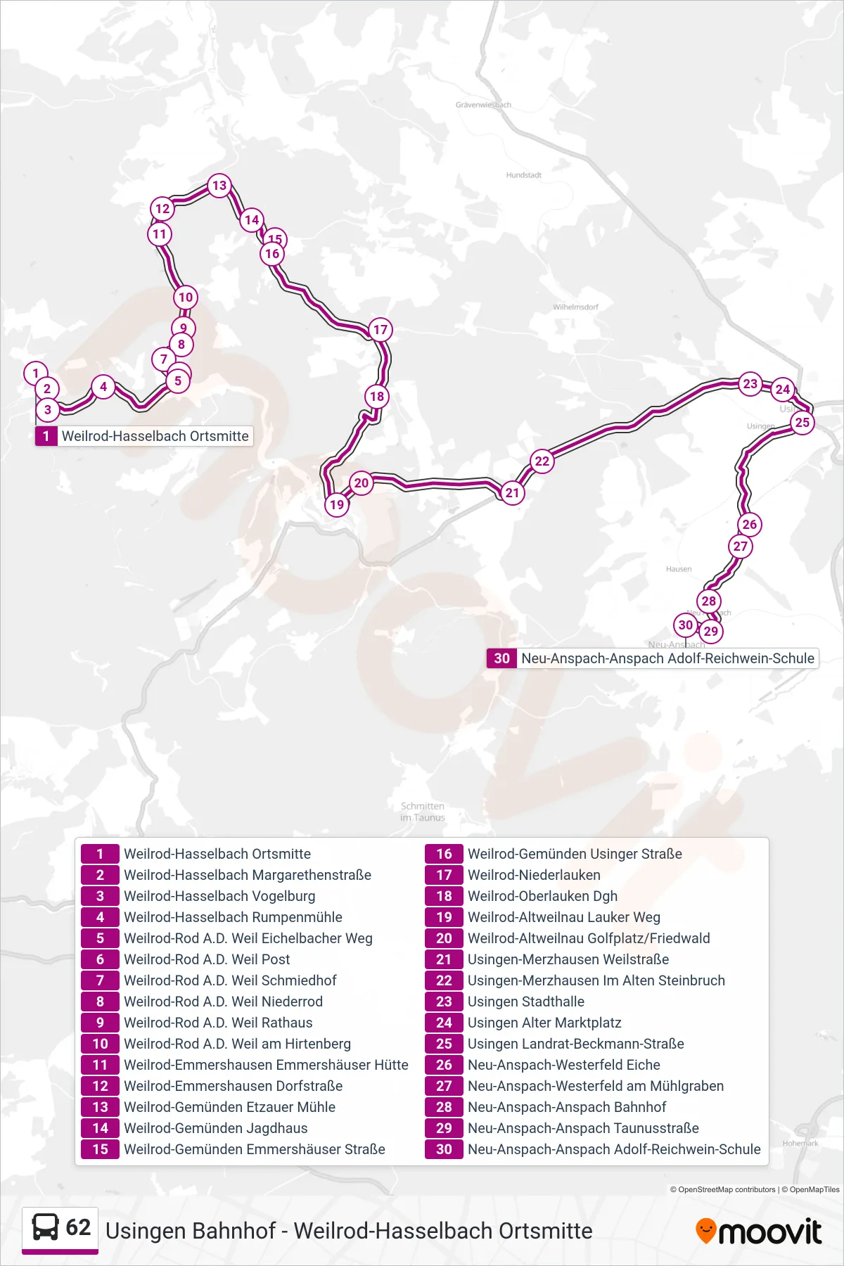 62 bus Line (Neu-Anspach-Anspach Adolf-Reichwein-Schule) route and stops on a map