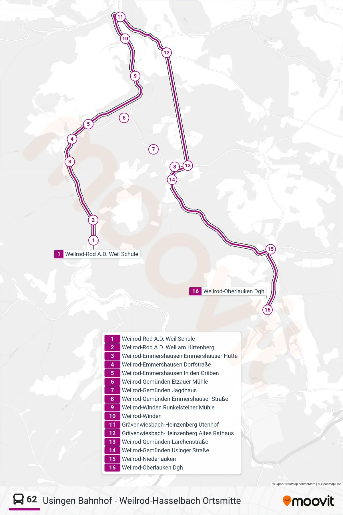 62 bus Line (Weilrod-Oberlauken Dgh) route and stops on a map