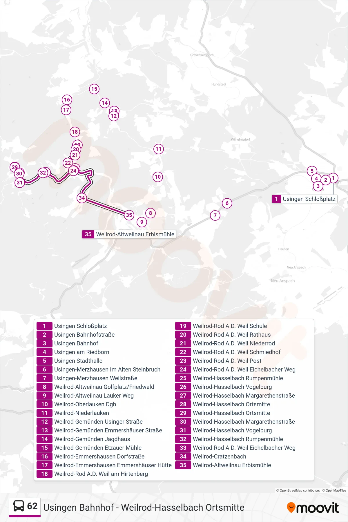 62 bus Line (Weilrod-Altweilnau Erbismühle) route and stops on a map