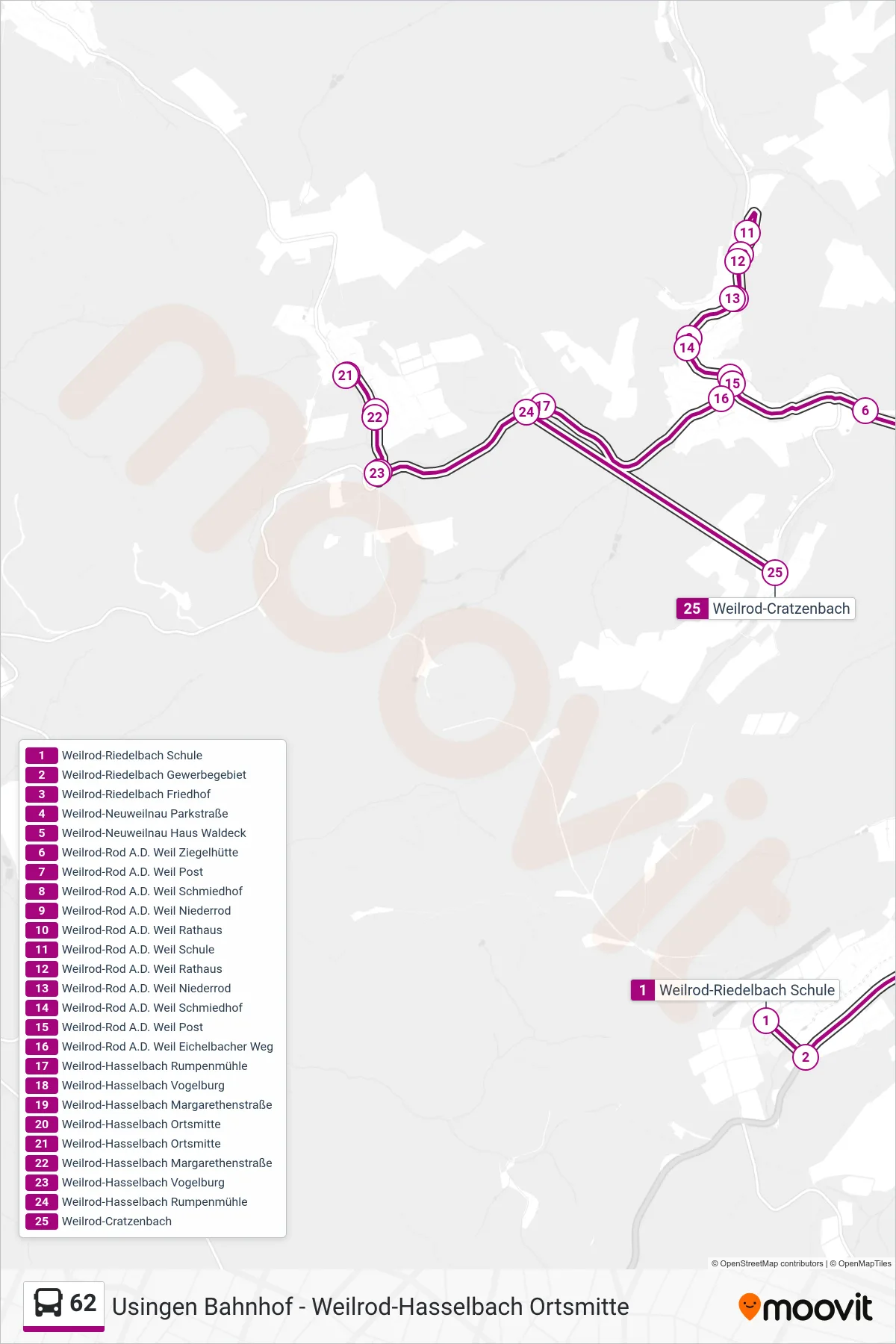 62 bus Line (Weilrod-Cratzenbach) route and stops on a map