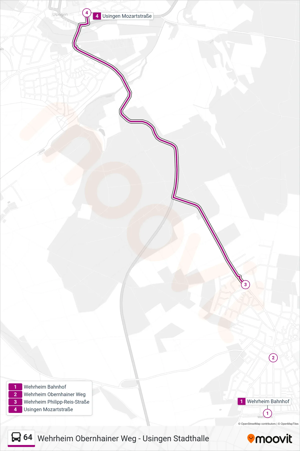 64 bus Line (Usingen Mozartstraße) route and stops on a map