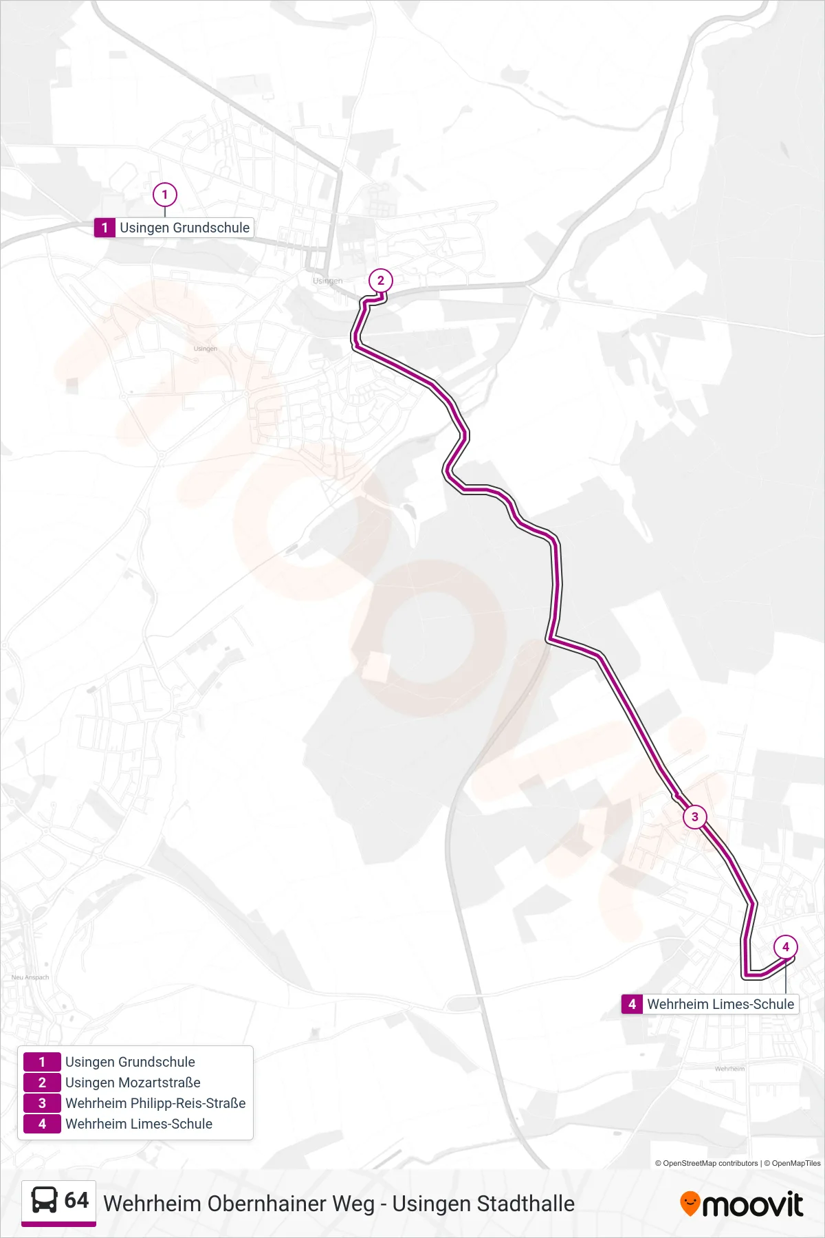 Linie 64 (Bus) Richtung Wehrheim Limes-Schule: Route und Haltestellen auf der Karte