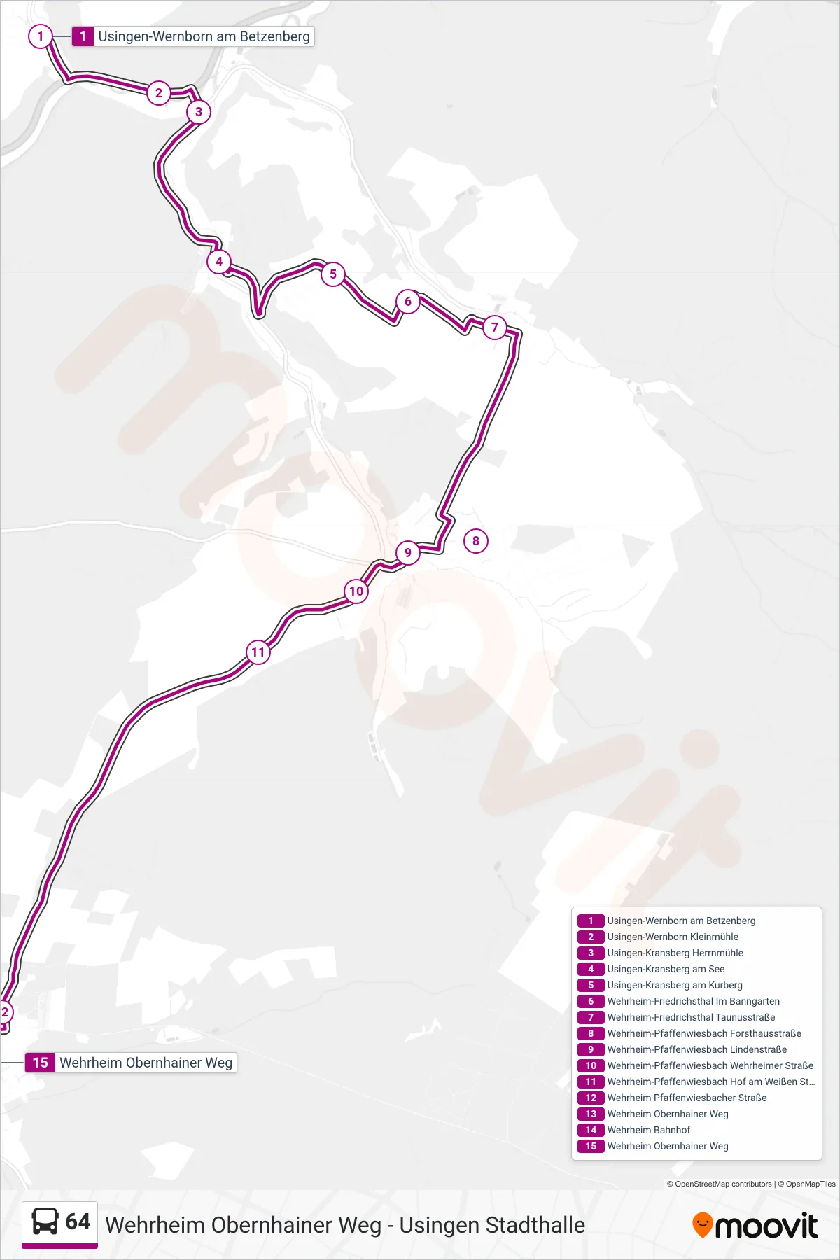 64 bus Line (Wehrheim Obernhainer Weg) route and stops on a map