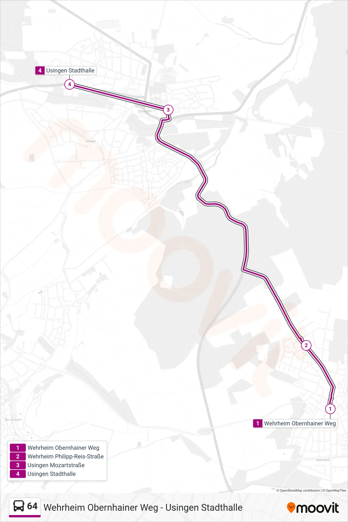 64 bus Line (Usingen Stadthalle) route and stops on a map