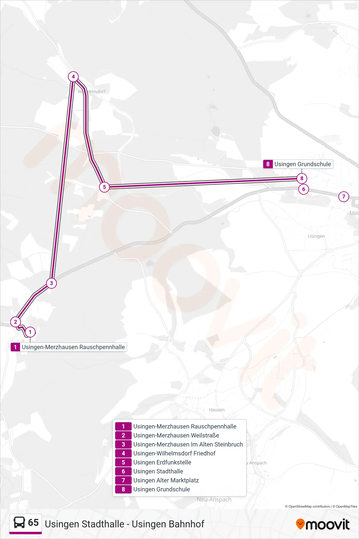 Linie 65 (Bus) Richtung Usingen Grundschule: Route und Haltestellen auf der Karte
