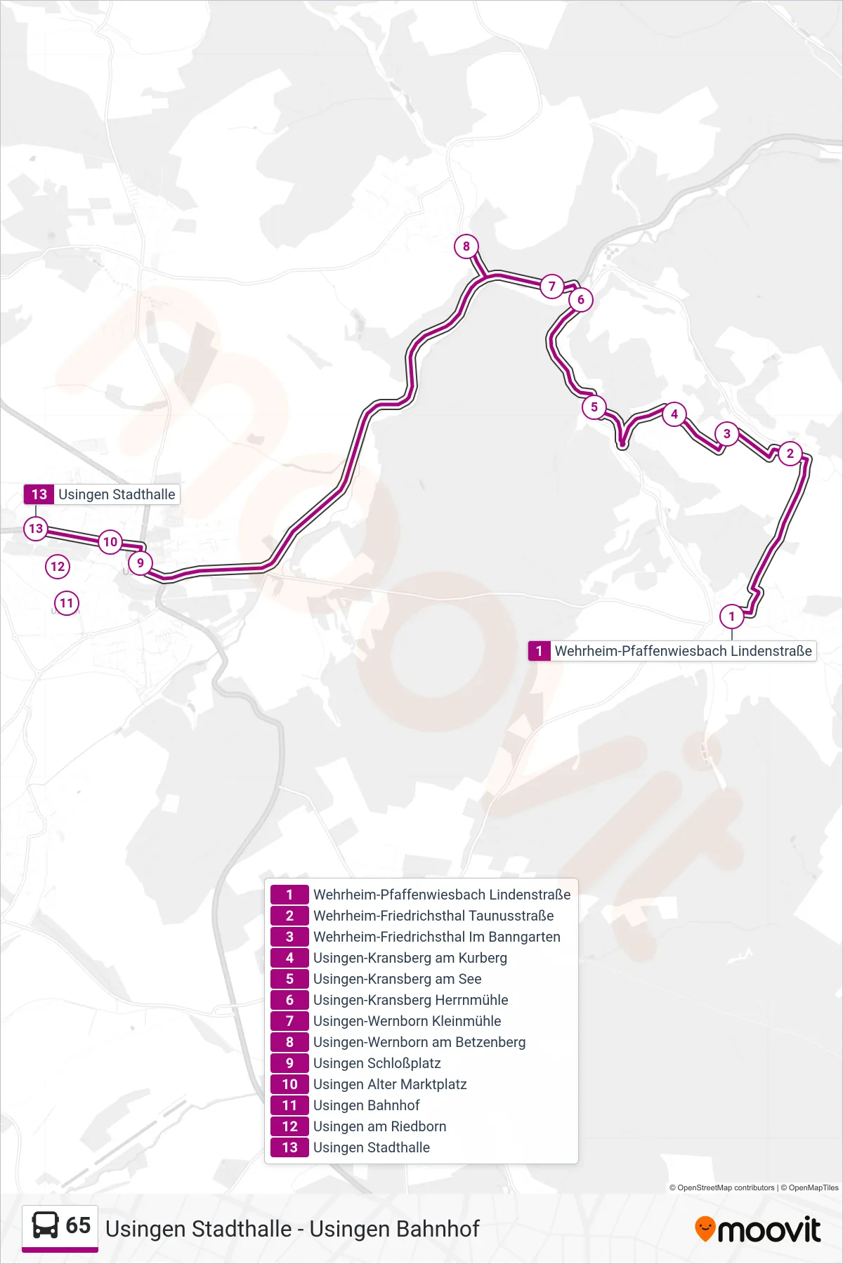 65 bus Line (Usingen Stadthalle) route and stops on a map