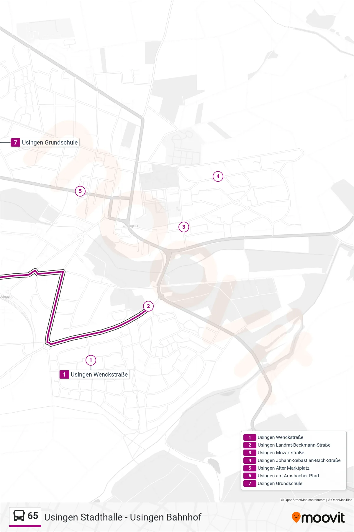 65 bus Line (Usingen Grundschule) route and stops on a map