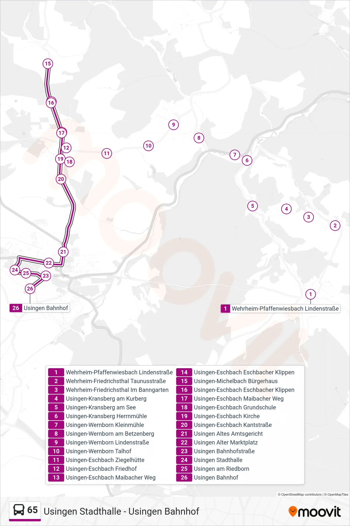 65 bus Line (Usingen Bahnhof) route and stops on a map