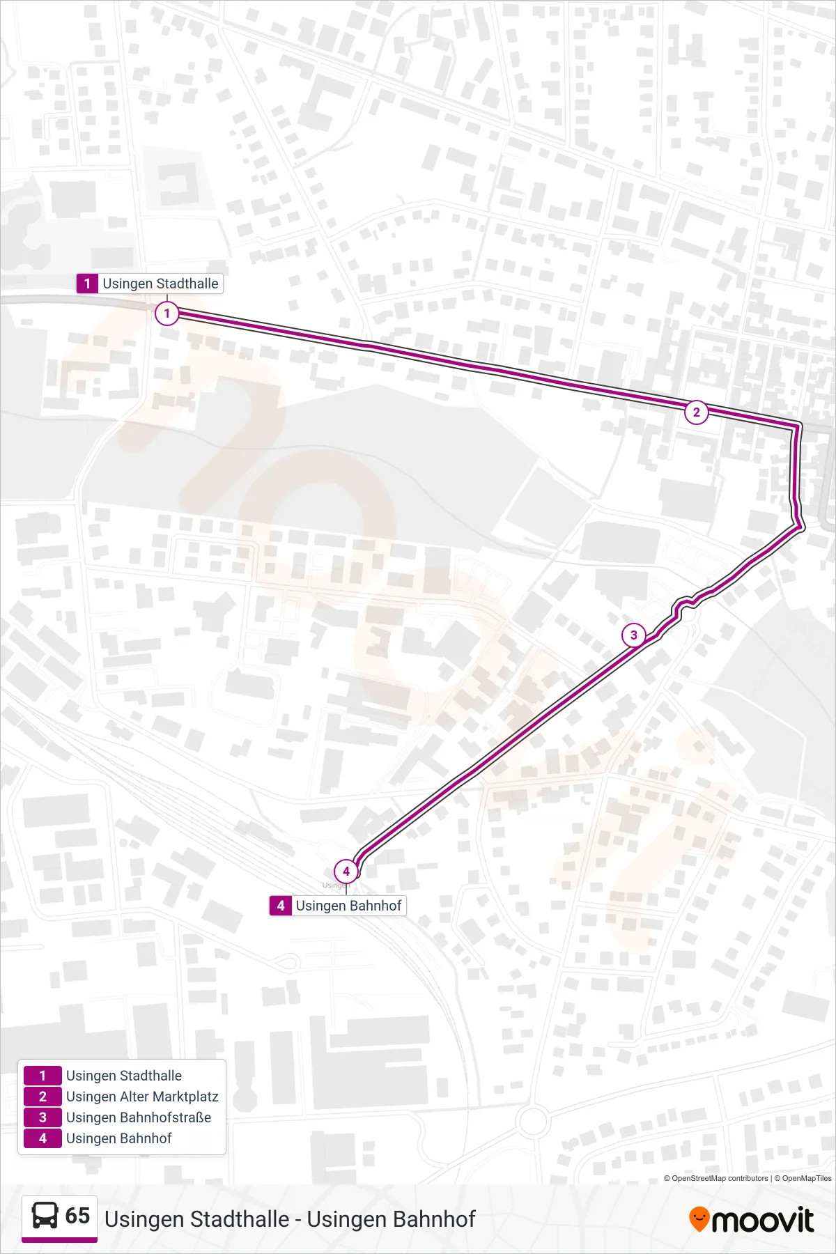 65 bus Line (Usingen Bahnhof) route and stops on a map