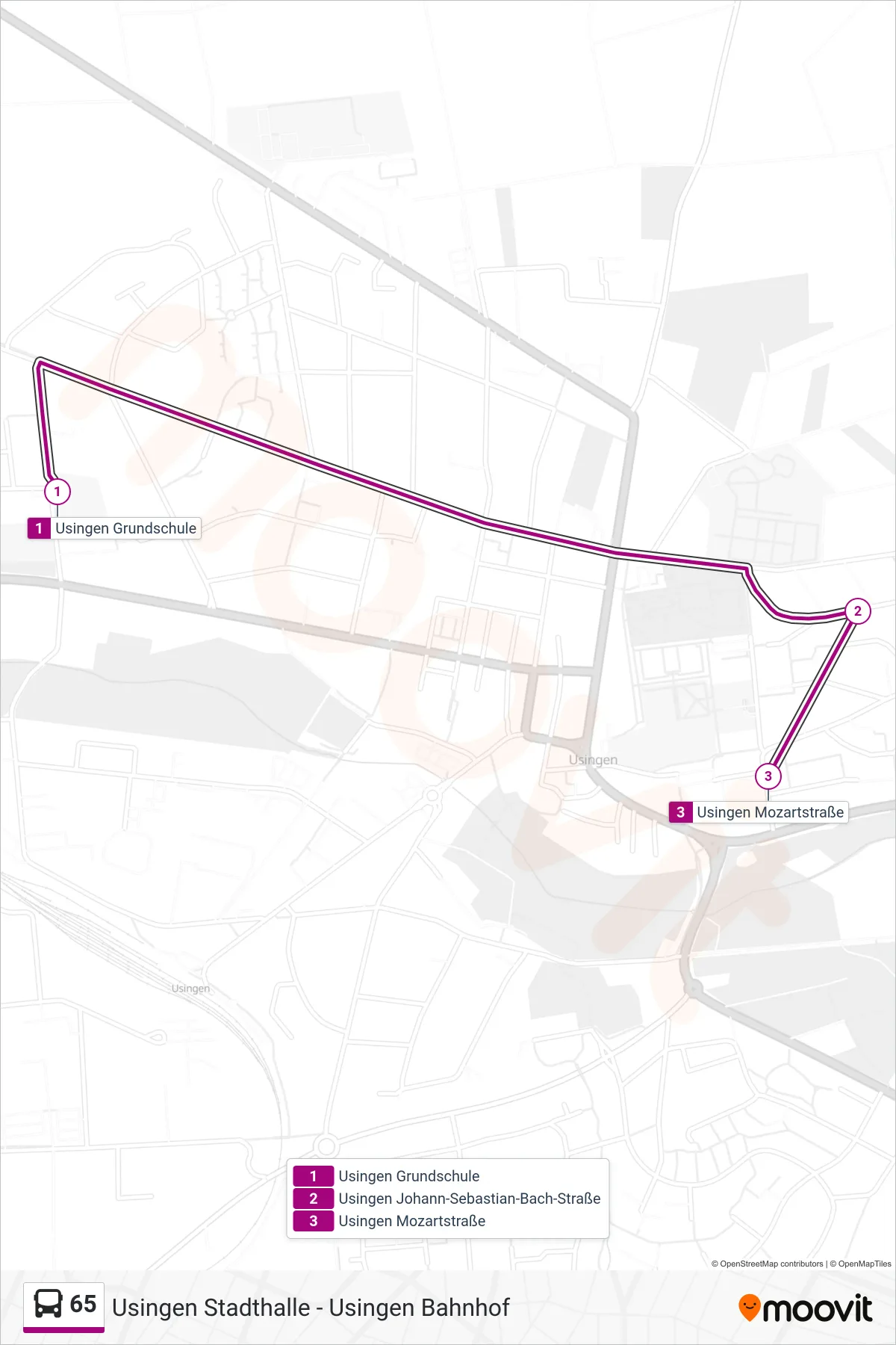 65 bus Line (Usingen Mozartstraße) route and stops on a map
