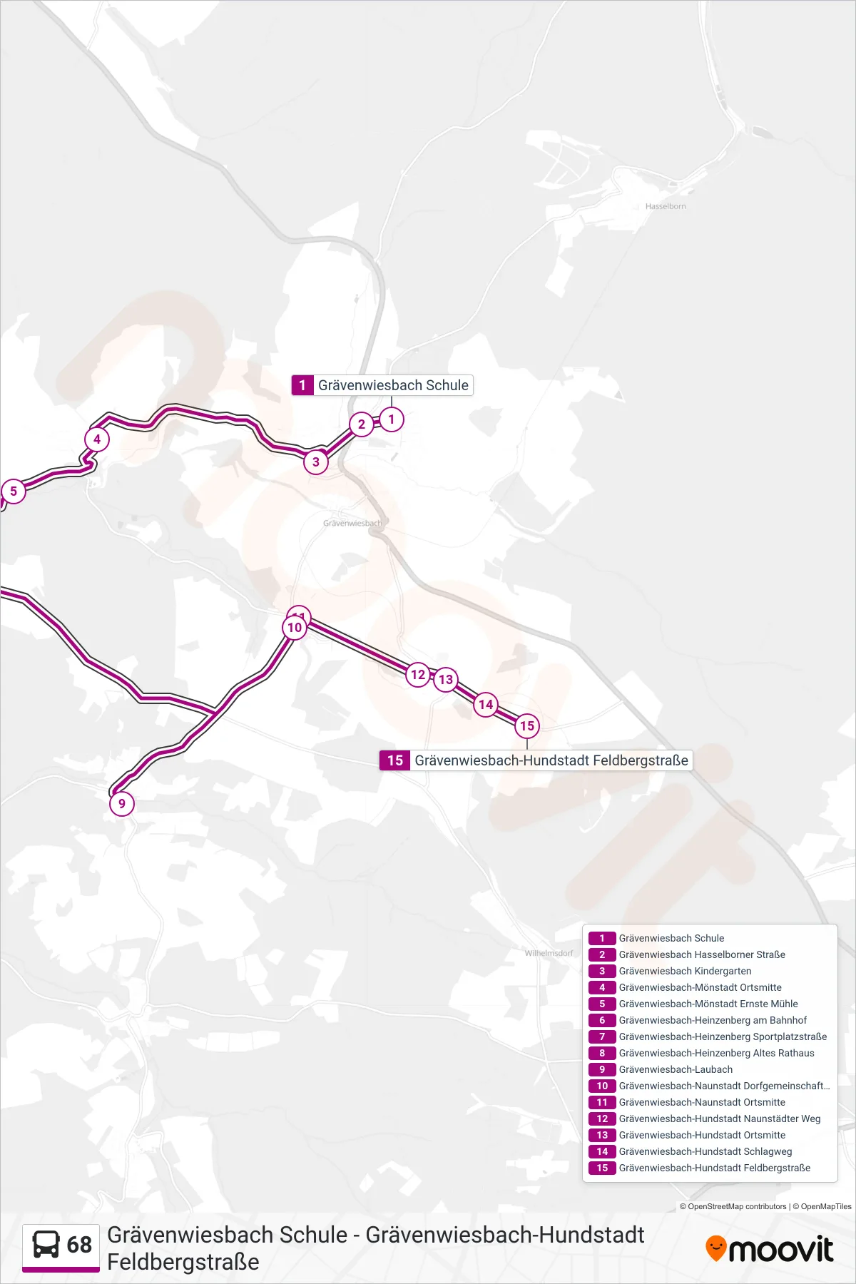 Linie 68 (Bus) Richtung Grävenwiesbach-Hundstadt Feldbergstraße: Route und Haltestellen auf der Karte