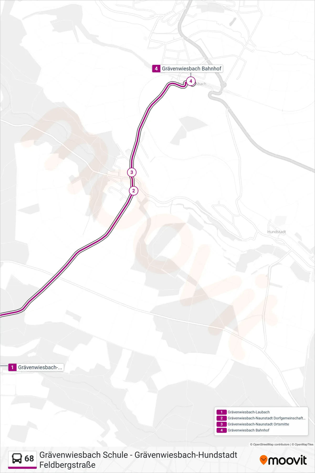 68 bus Line (Grävenwiesbach Bahnhof) route and stops on a map