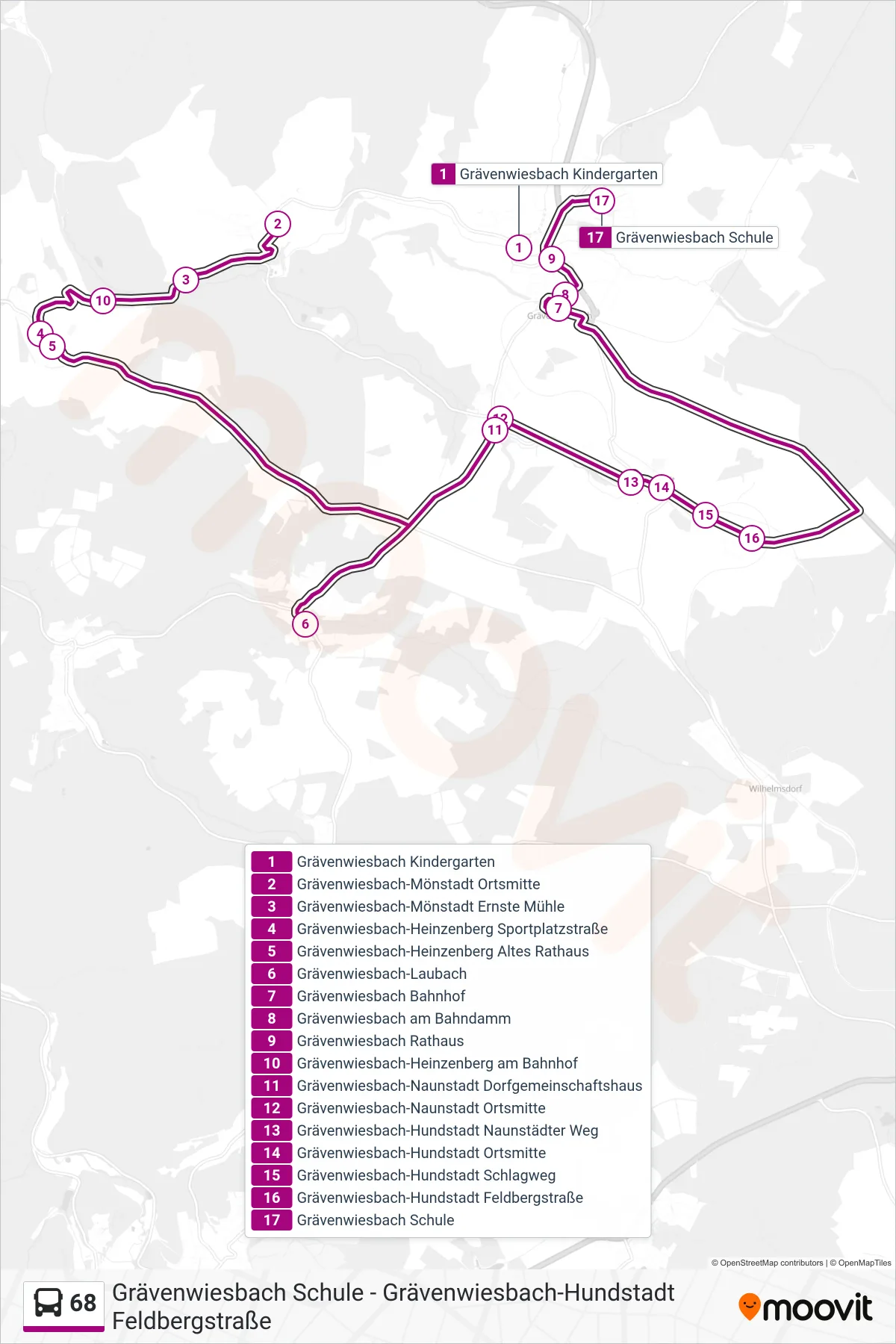 68 bus Line (Grävenwiesbach Schule) route and stops on a map