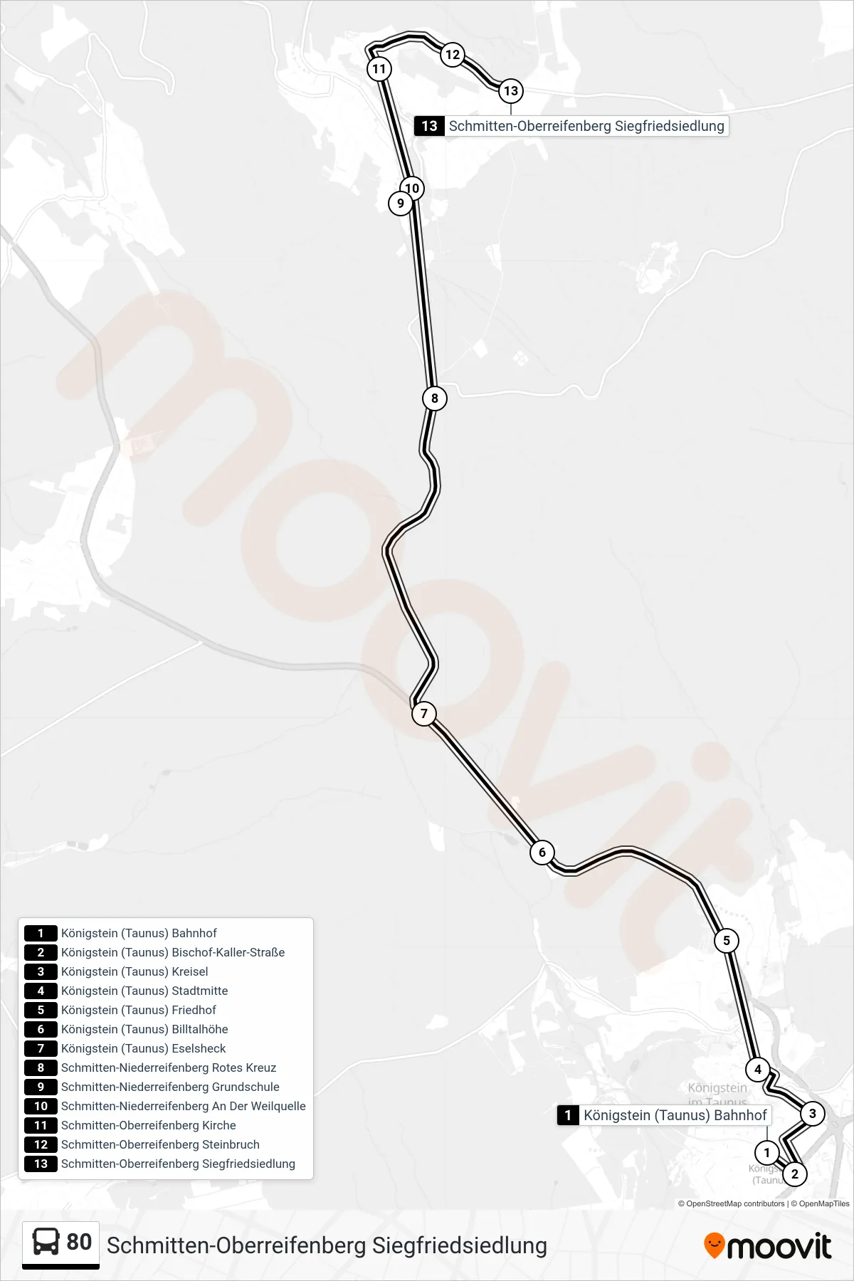 80 bus Line (Schmitten-Oberreifenberg Siegfriedsiedlung) route and stops on a map