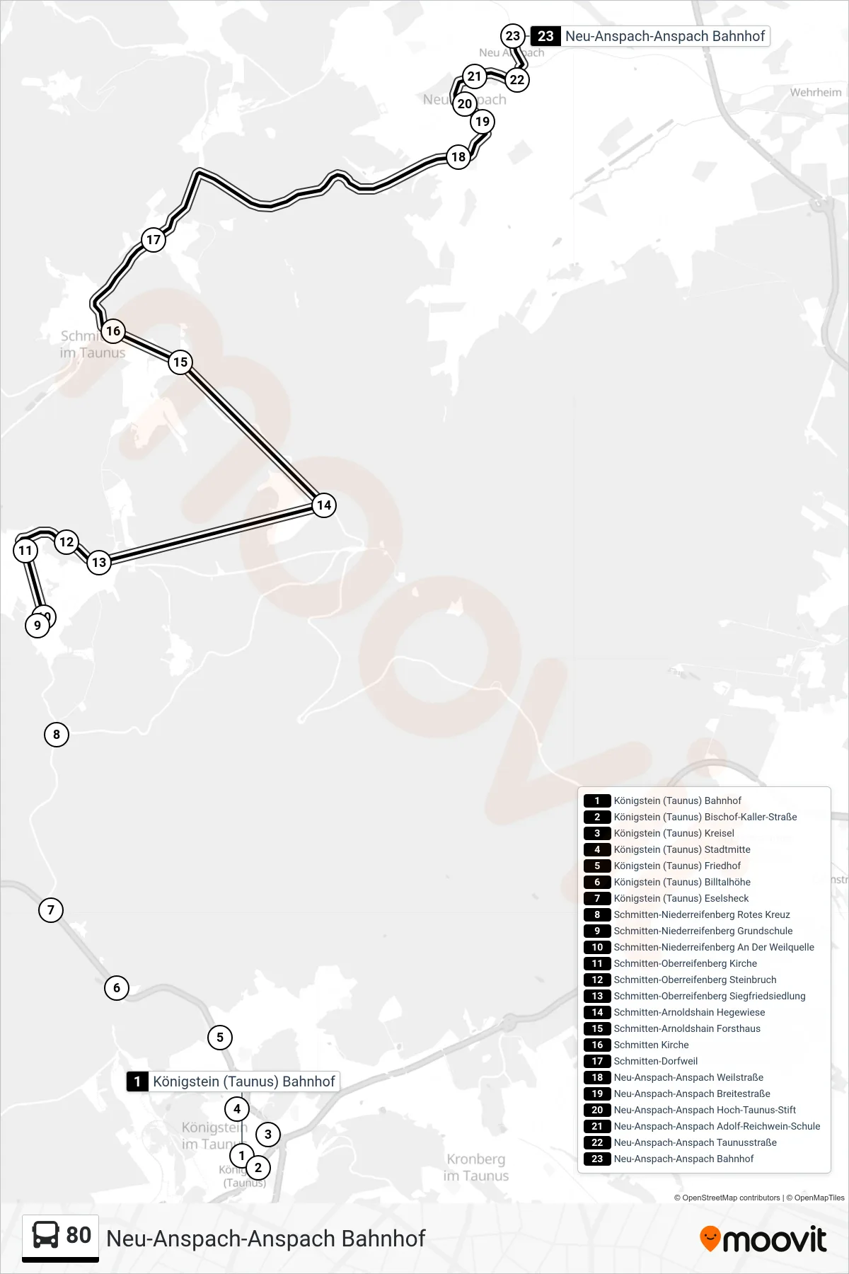 Linie 80 (Bus) Richtung Neu-Anspach-Anspach Bahnhof: Route und Haltestellen auf der Karte