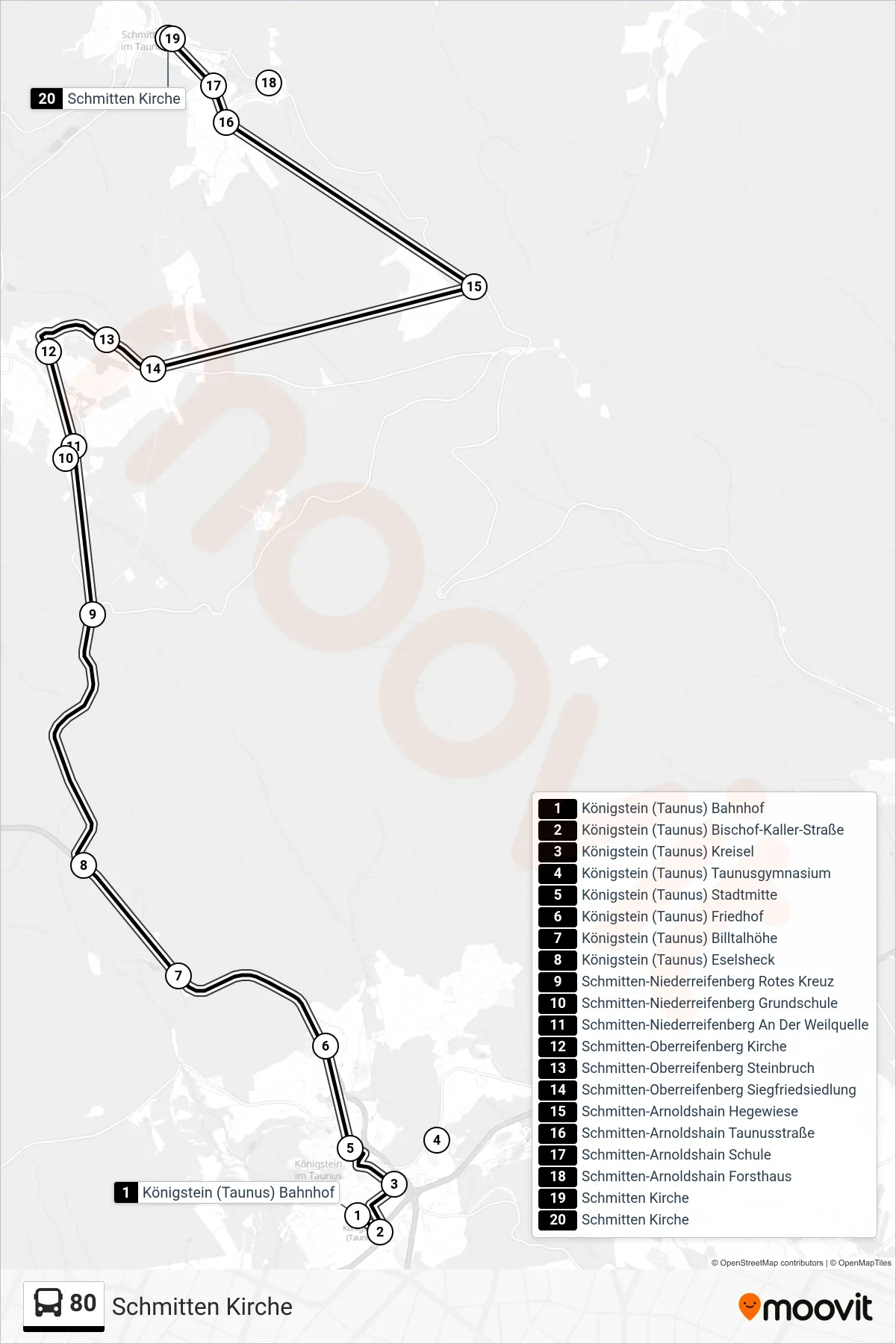 80 bus Line (Schmitten Kirche) route and stops on a map