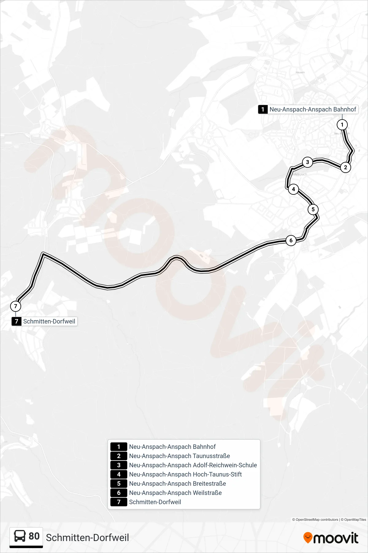 80 bus Line (Schmitten-Dorfweil) route and stops on a map