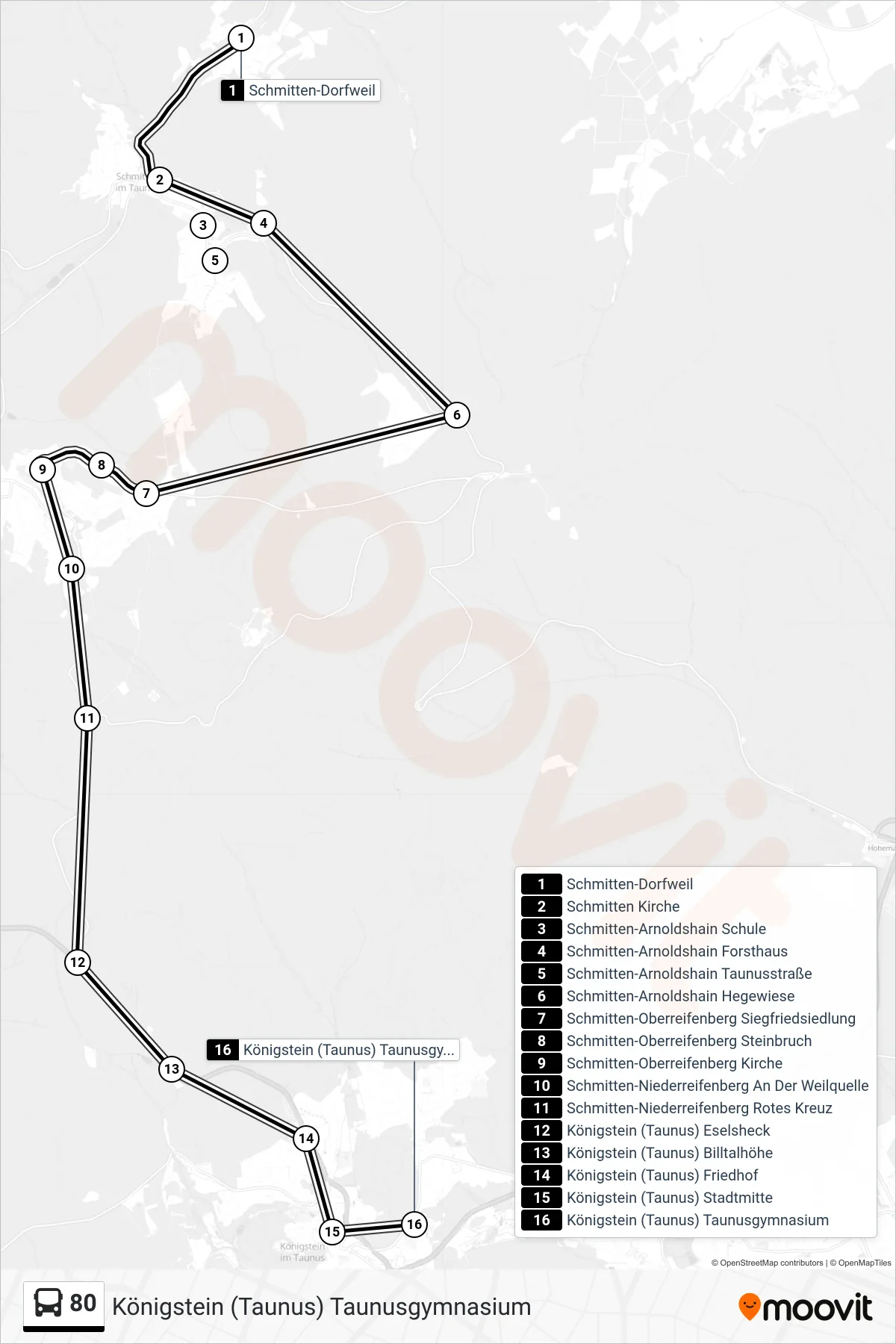80 bus Line (Königstein (Taunus) Taunusgymnasium) route and stops on a map