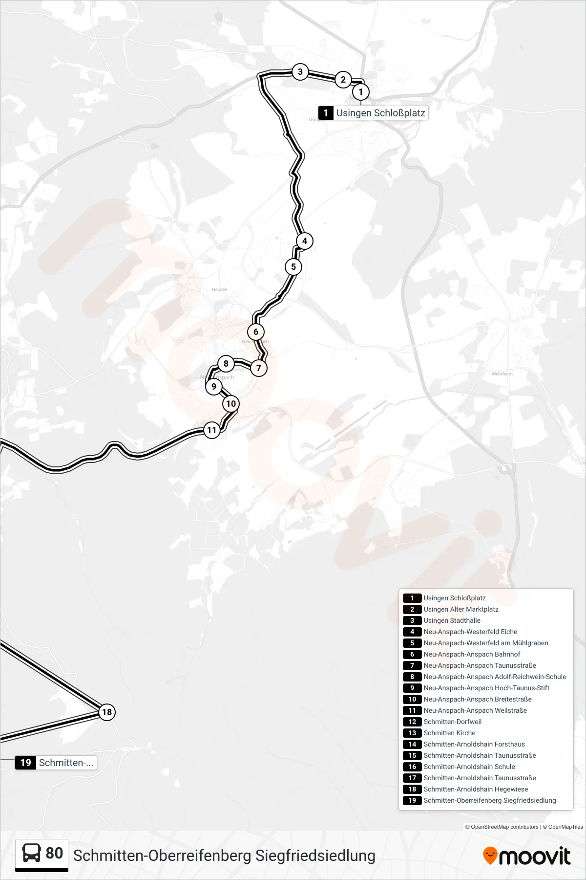 80 bus Line (Schmitten-Oberreifenberg Siegfriedsiedlung) route and stops on a map