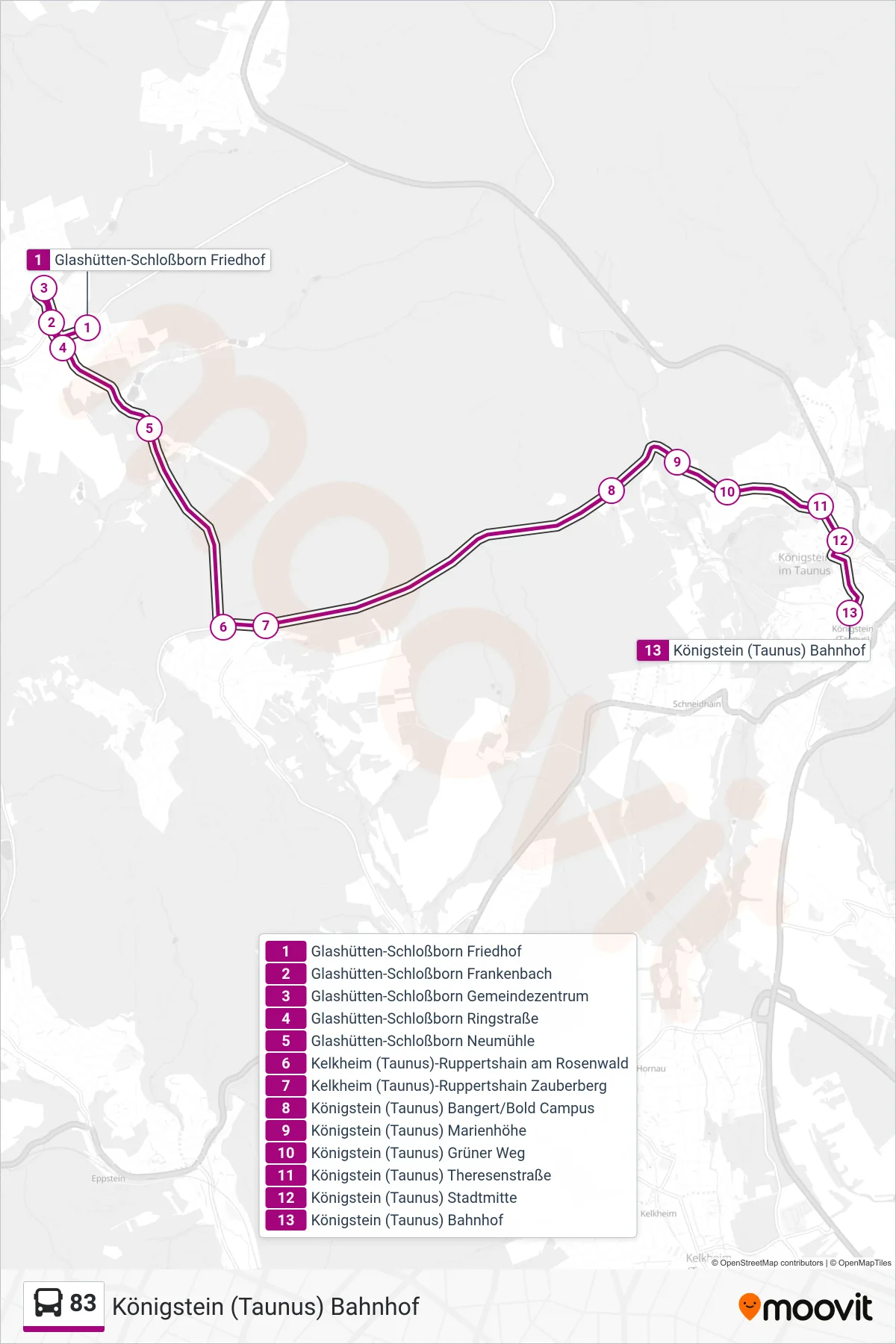 83 bus Line (Königstein (Taunus) Bahnhof) route and stops on a map