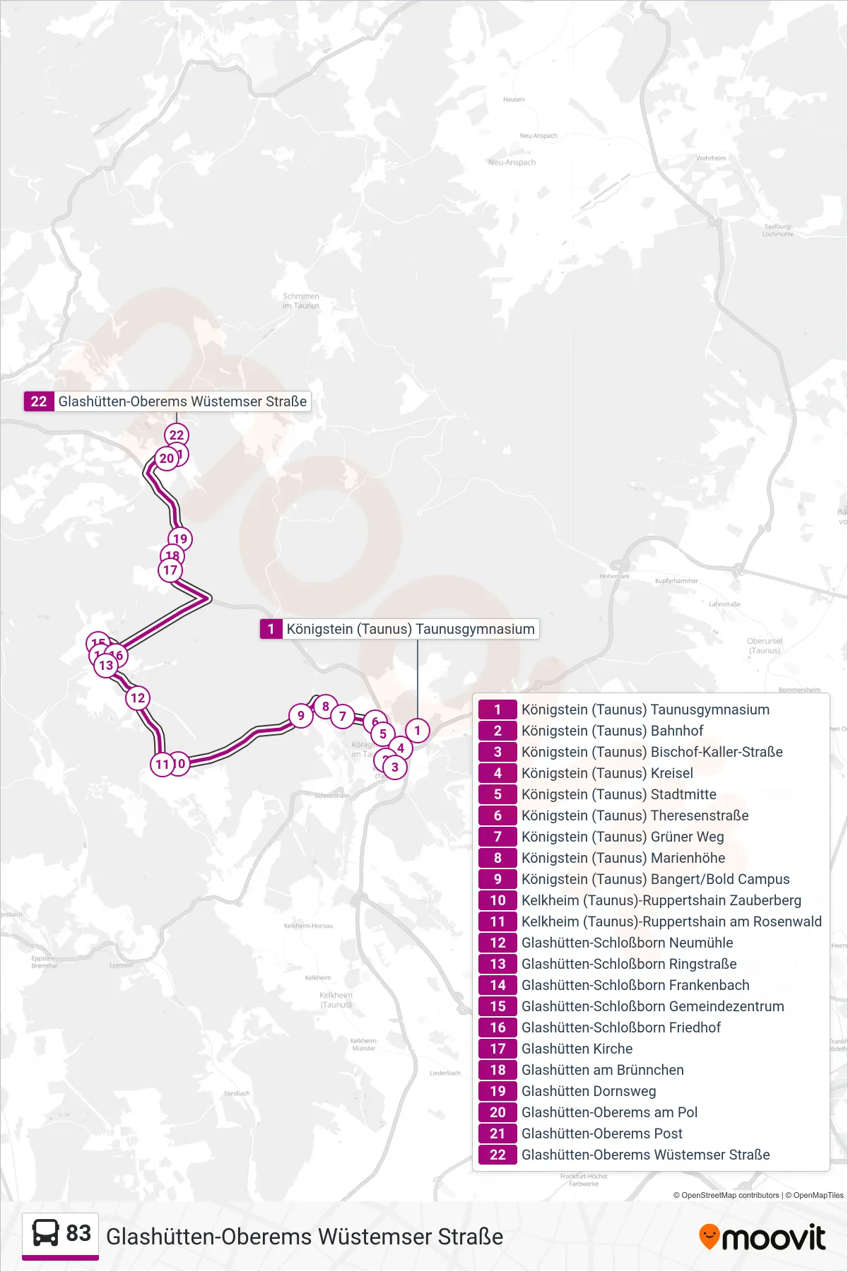 83 bus Line (Glashütten-Oberems Wüstemser Straße) route and stops on a map