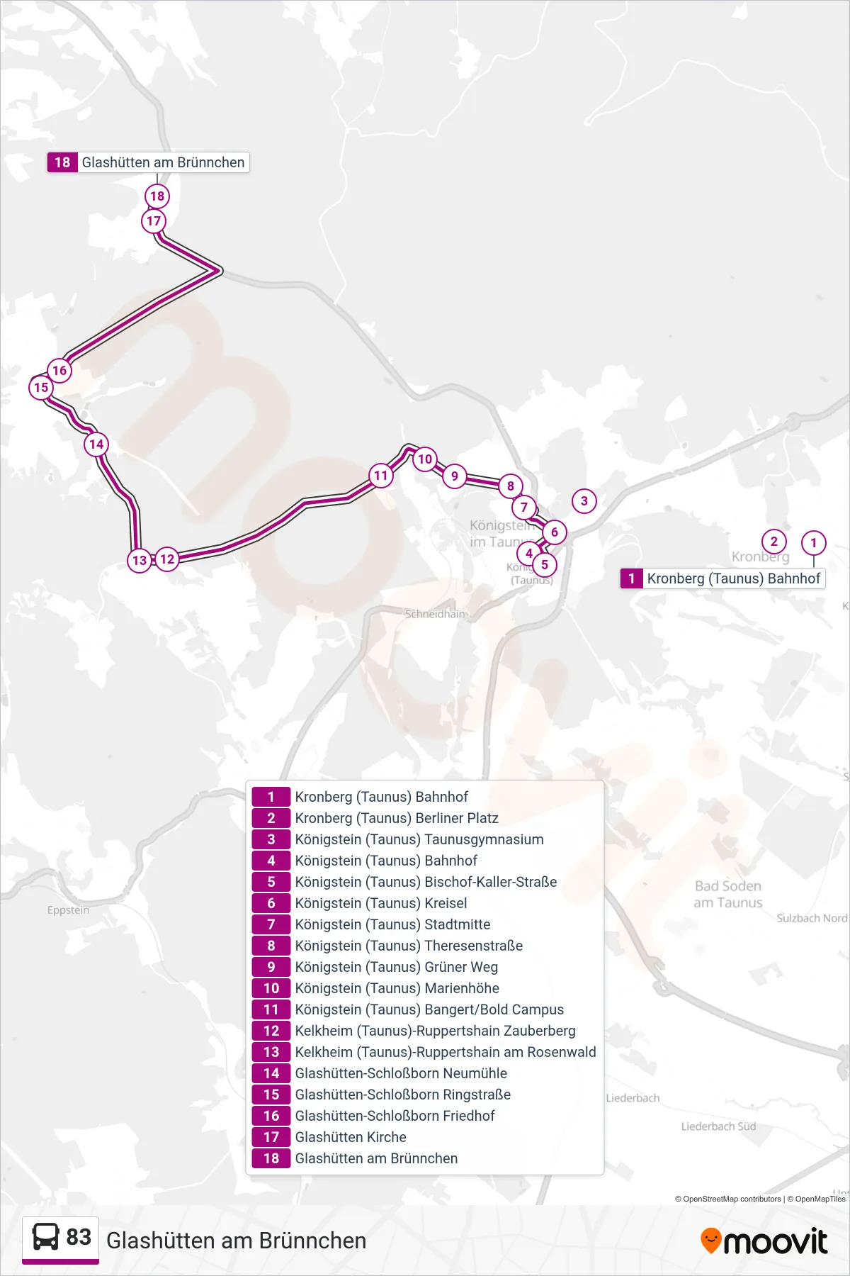 83 bus Line (Glashütten am Brünnchen) route and stops on a map