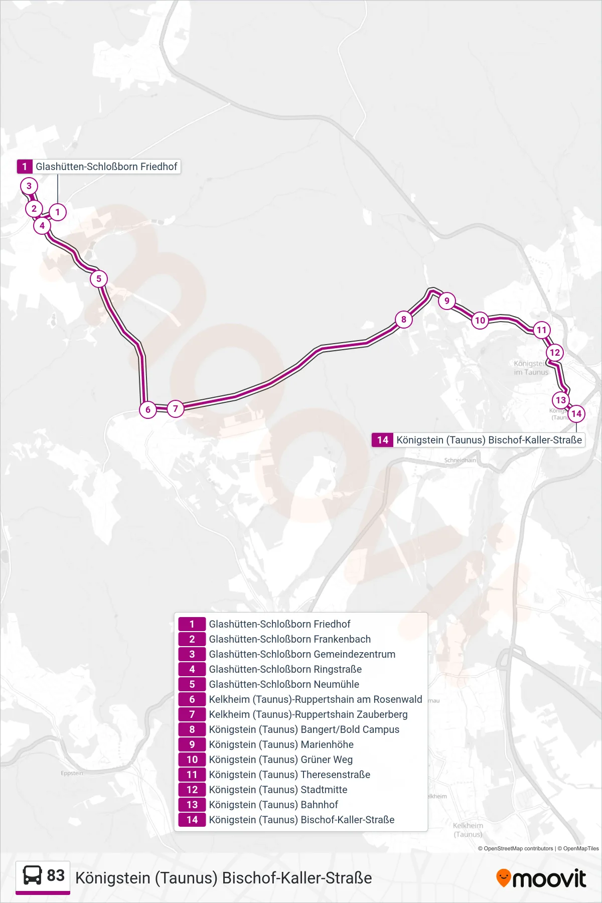 83 bus Line (Königstein (Taunus) Bischof-Kaller-Straße) route and stops on a map