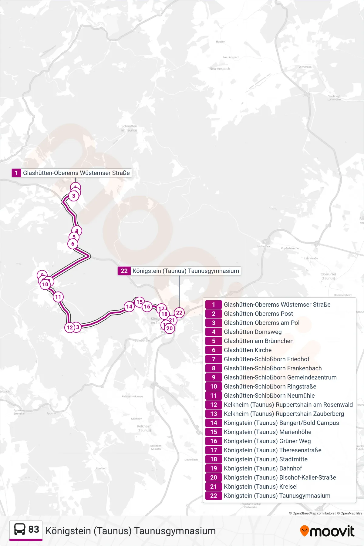 83 bus Line (Königstein (Taunus) Taunusgymnasium) route and stops on a map