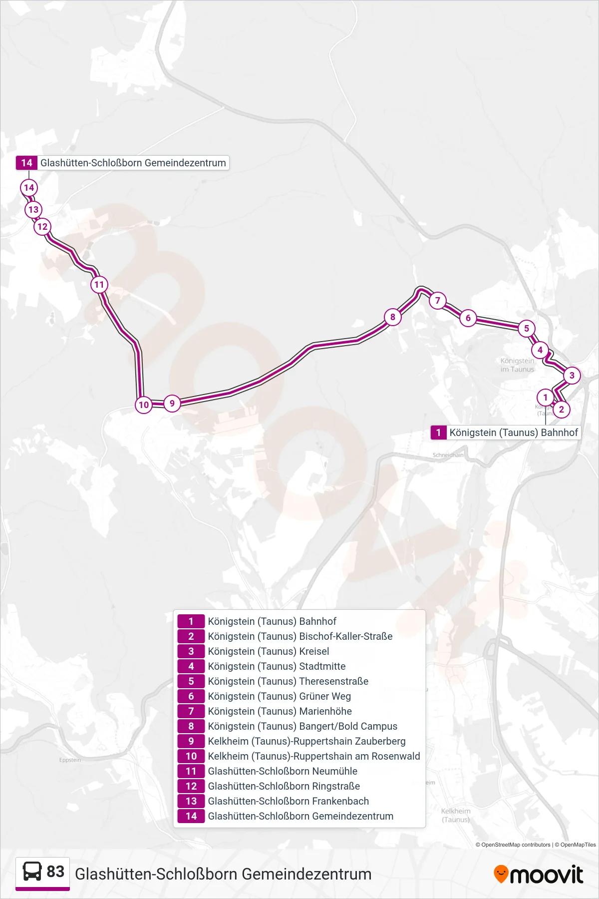Linie 83 (Bus) Richtung Glashütten-Schloßborn Gemeindezentrum: Route und Haltestellen auf der Karte