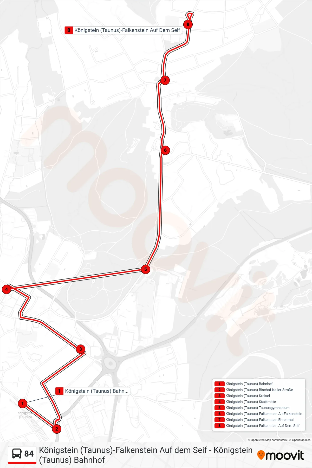 84 bus Line (Königstein (Taunus)-Falkenstein Auf Dem Seif) route and stops on a map