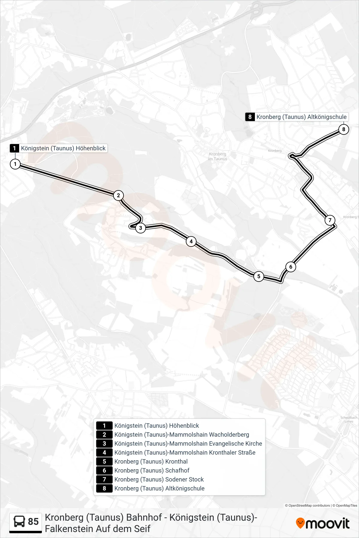 85 bus Line (Kronberg (Taunus) Altkönigschule) route and stops on a map