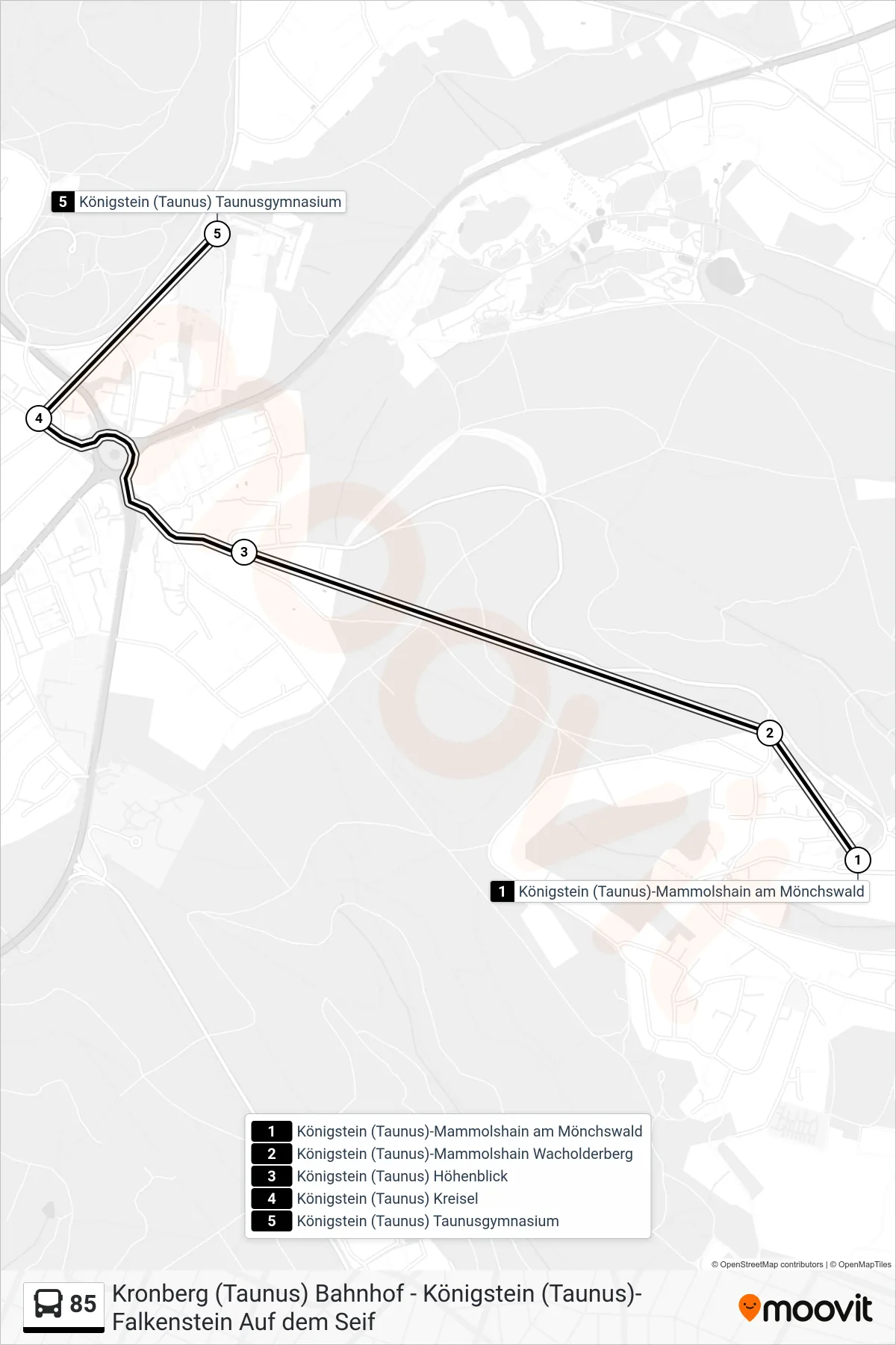 85 bus Line (Königstein (Taunus) Taunusgymnasium) route and stops on a map