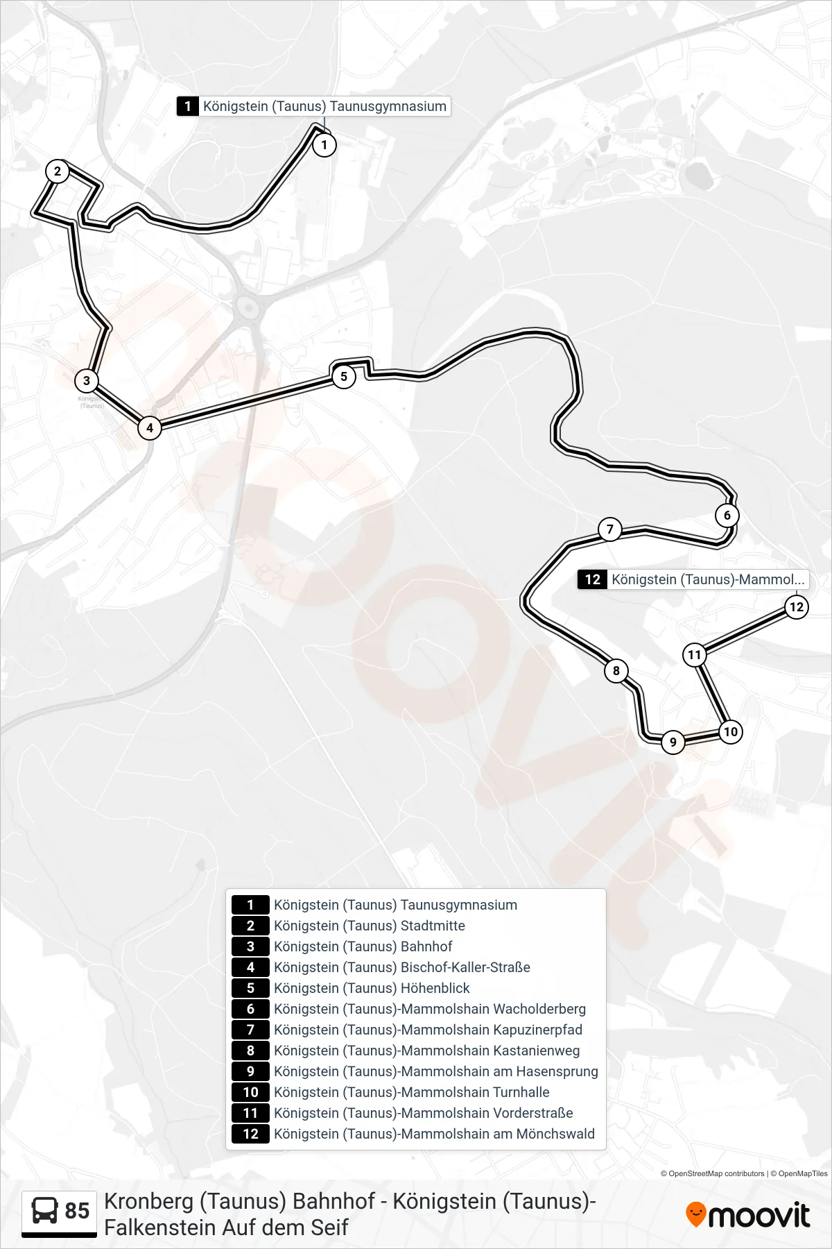 85 bus Line (Königstein (Taunus)-Mammolshain am Mönchswald) route and stops on a map