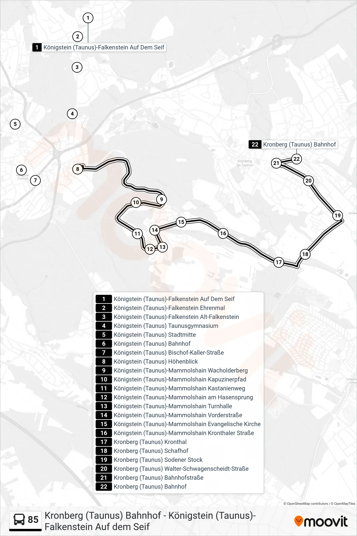 85 bus Line (Kronberg (Taunus) Bahnhof) route and stops on a map