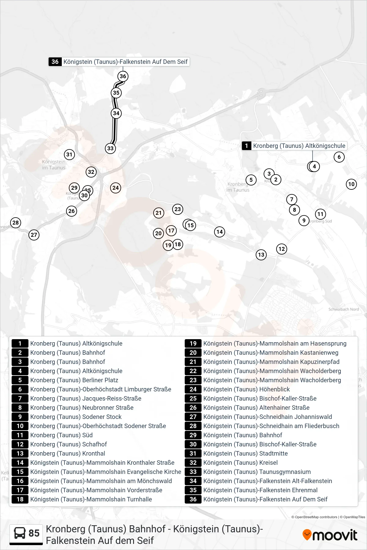 85 bus Line (Königstein (Taunus)-Falkenstein Auf Dem Seif) route and stops on a map