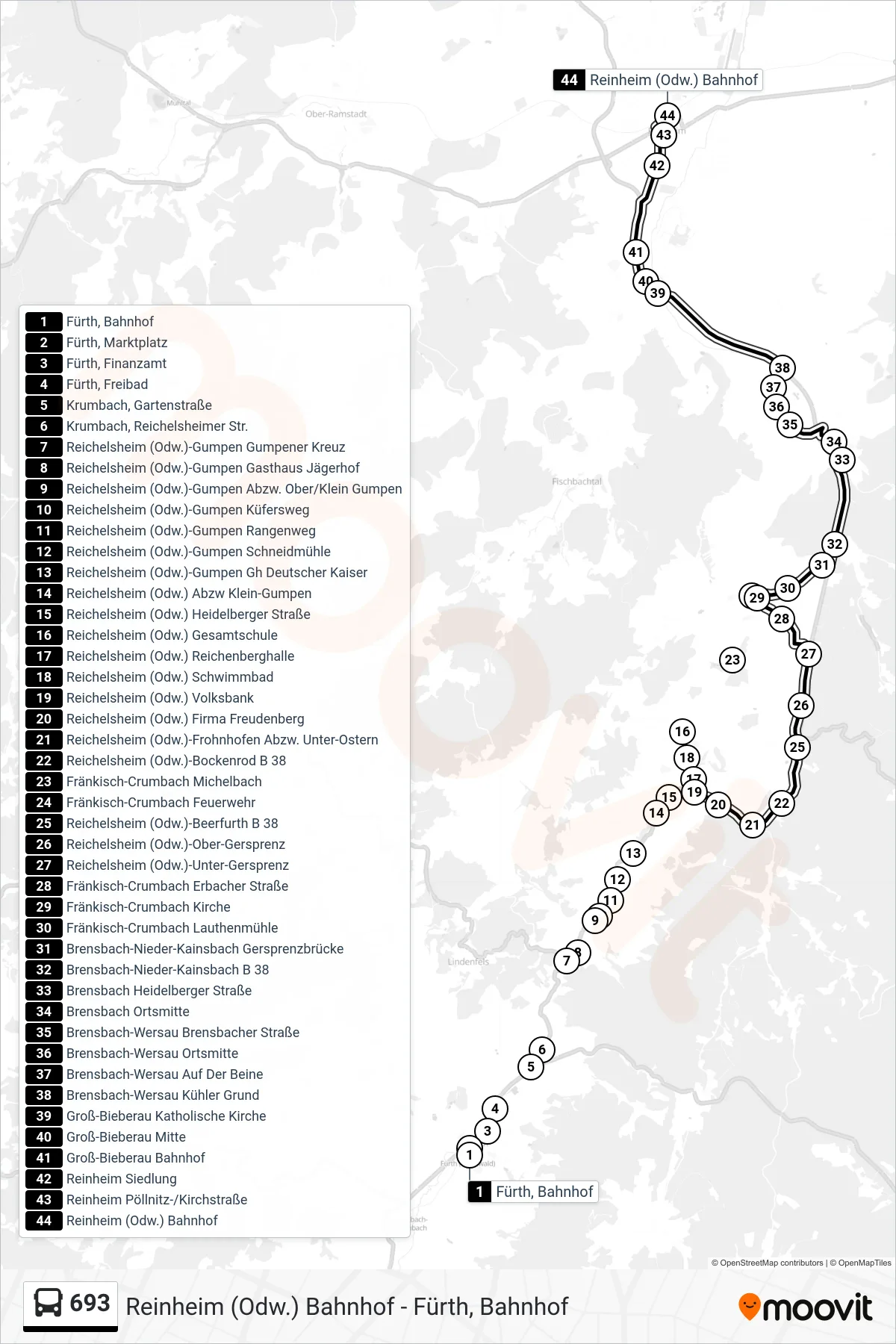 693 bus Line (Reinheim (Odw.) Bahnhof) route and stops on a map